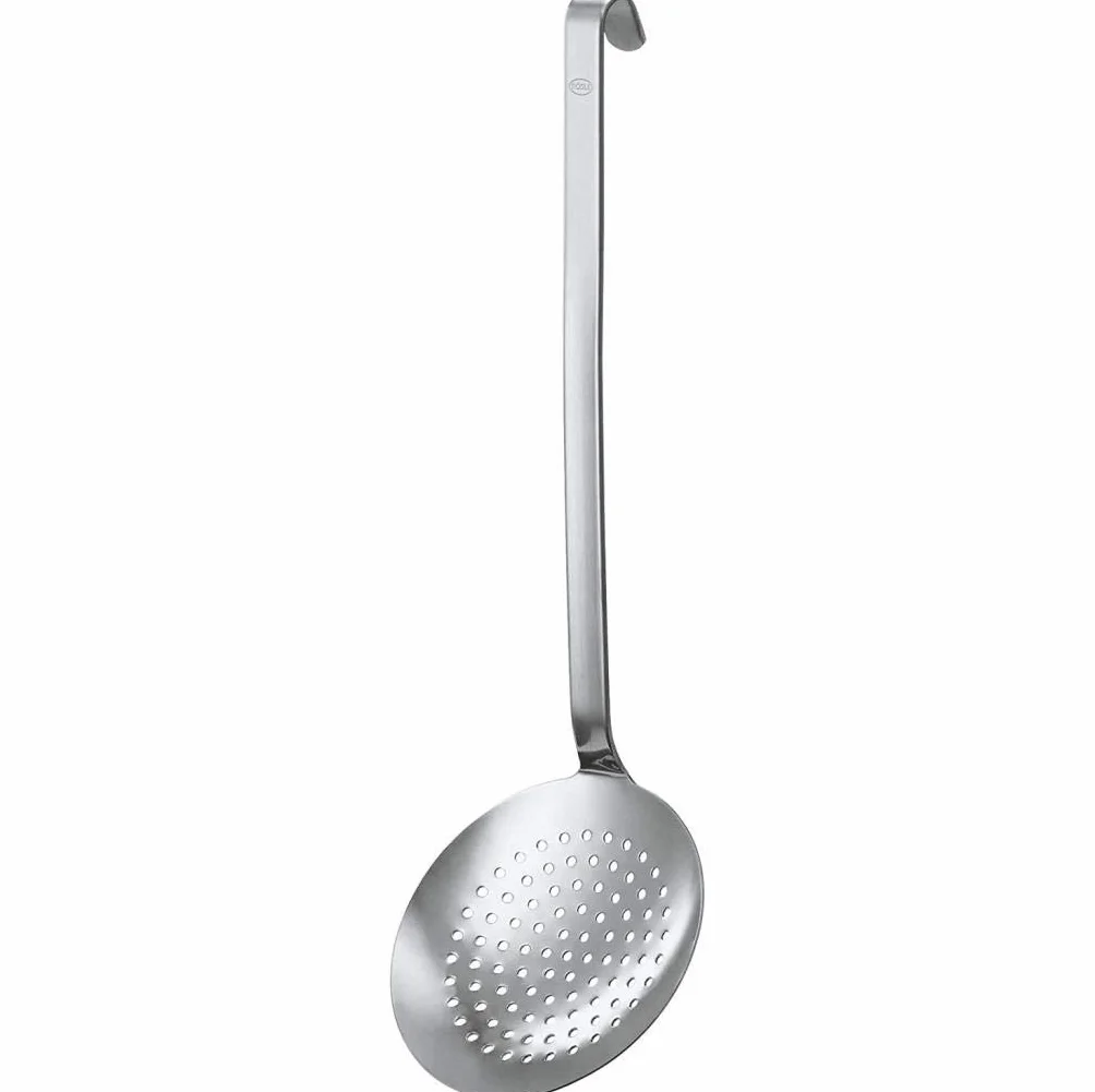 Rösle Łyżka cedzakowa płaska 10 cm stal szlachetna 18/10 z uchwytem haczykowym