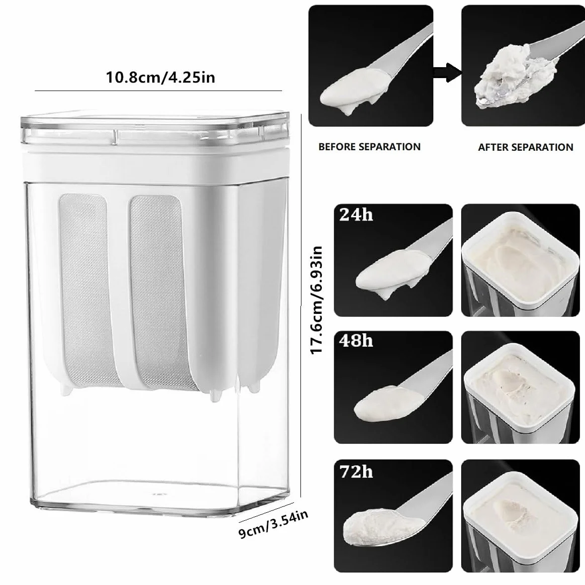 Sitko do jogurtu o drobnych oczkach, sitko do jogurtu z pokrywką, 1100 ml, do jogurtu, wielokrotnego użytku, filtr do robienia jogurtu greckiego, mleka sojowego (biały)