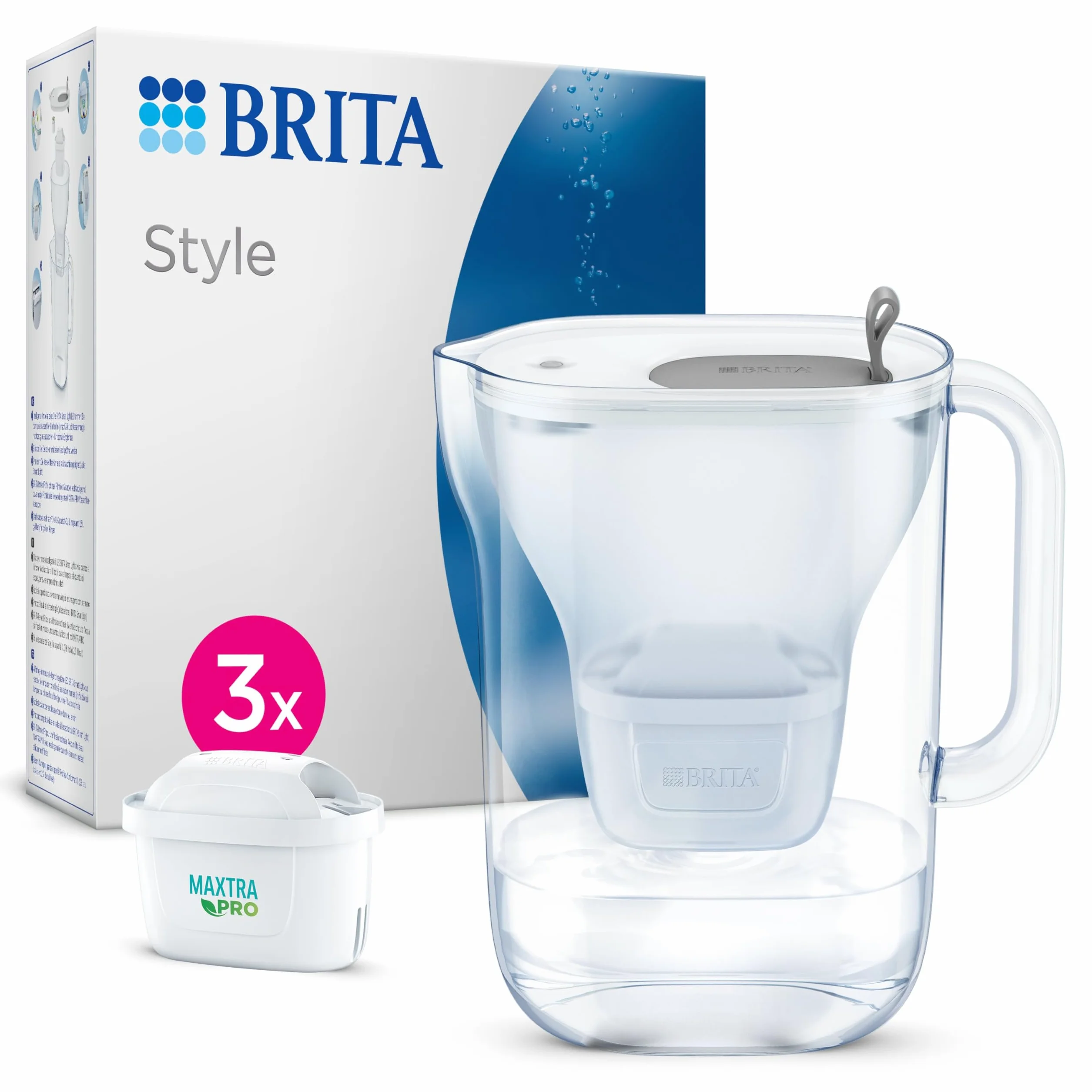 BRITA Dzbanek filtrujący styl szary (2,5l) z 3 wkładami filtrującymi wodę z kranu MAXTRA PRO All-in-1 redukuje PFAS*, wapień, chlor, niektóre zanieczyszczenia i metale wskaźnik czasu i objętości