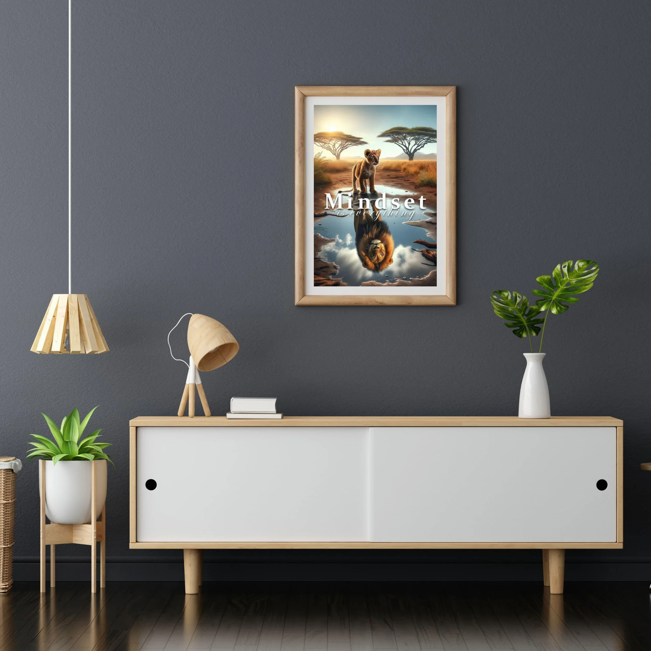CLEAN SPORTS® Mindset is everything — plakat motywacyjny – lew dziecięcy widzi siebie jako dorosłego lew w lustrze – obraz motywacyjny do biura, sportu i Twojego sukcesu – bez ramki (DIN A1)
