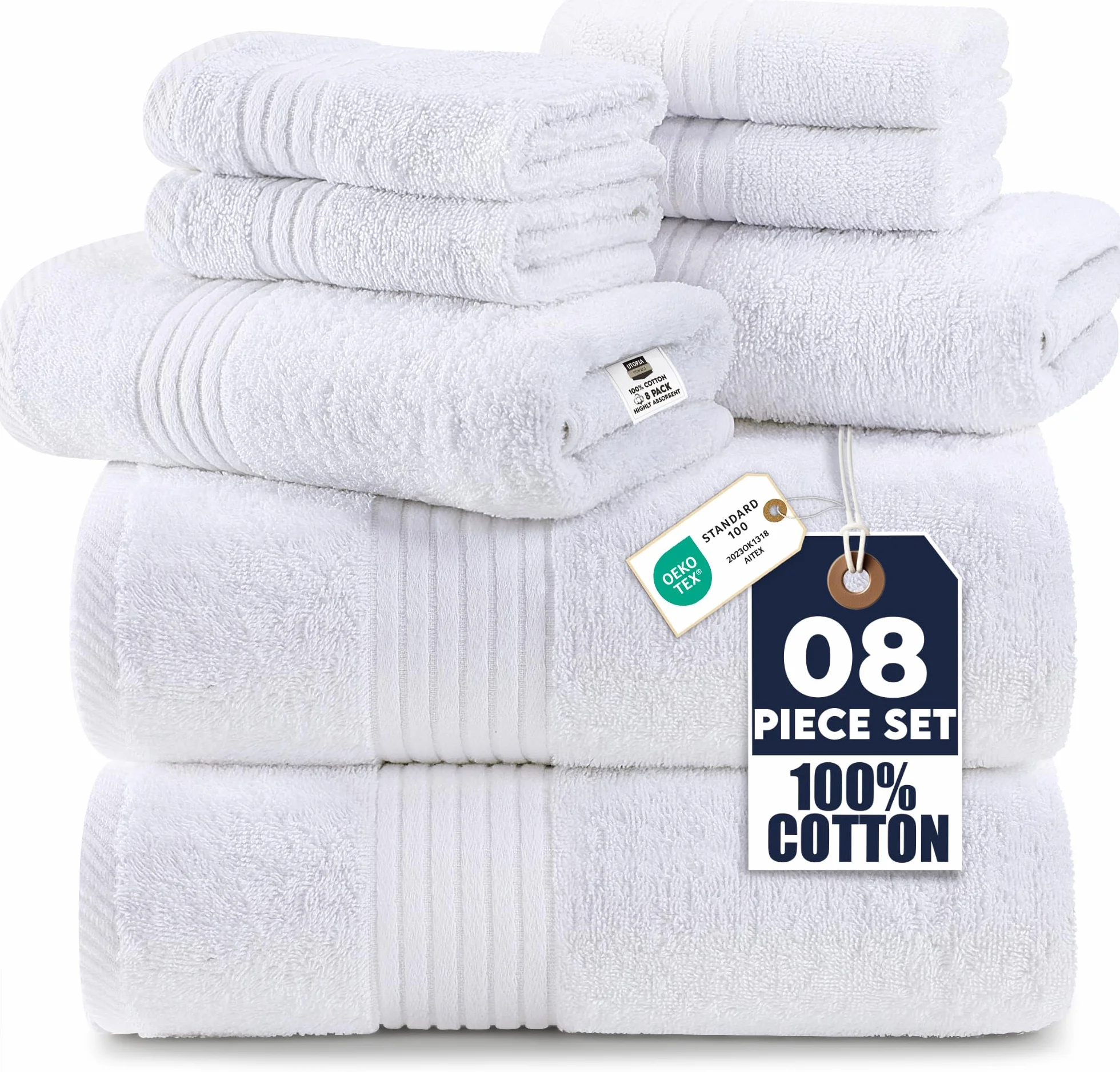 Utopia Towels - Zestaw 8 Ręczników Premium, 2 Ręczniki Kąpielowe, 2 Ręczniki do rąk i 4 Myjki. Bawełna. Do Użytku Domowego, Hotelowego i Spa Bardzo Chłonne (Biały)