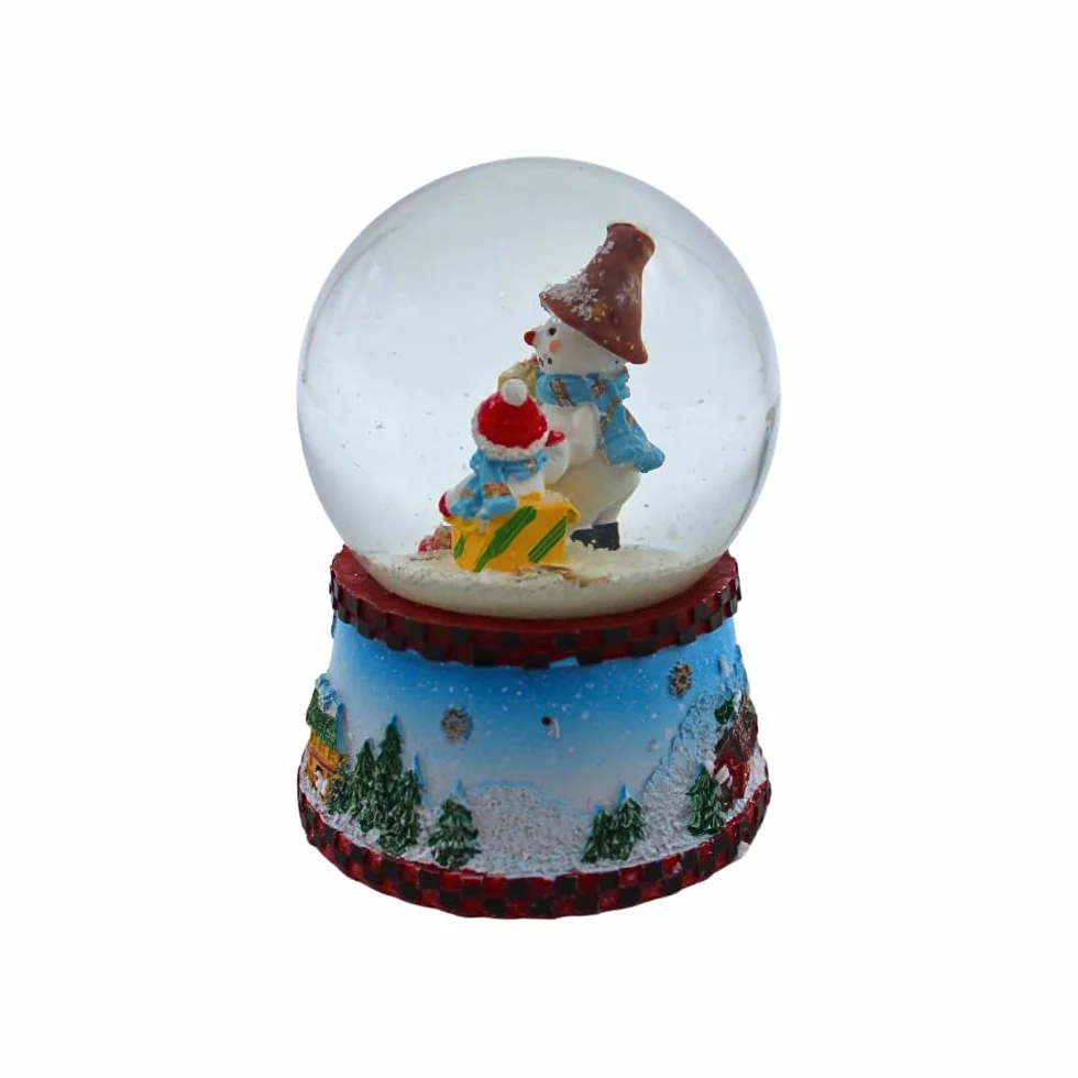 Dekohelden24 Kula śnieżna, bałwan z niebieskim szalikiem, wymiary wys./szer./kulka: ok. 8,5 x 6,5 cm/6,5 cm. 501227-niebieska