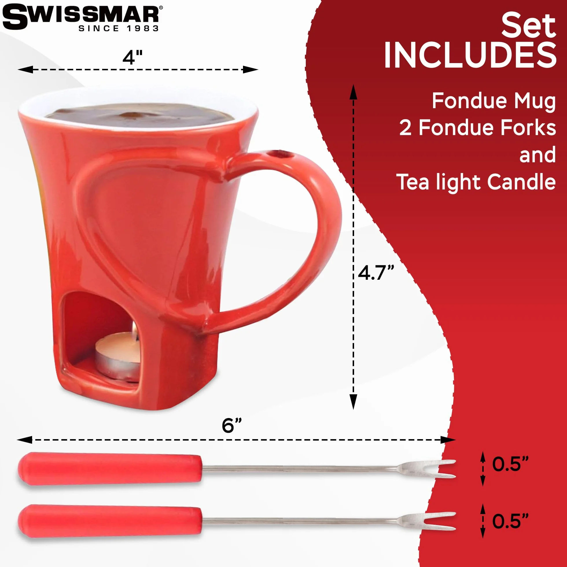 Zestaw 4 sztuk Sweetheart Ceramic/Czekoladowe Fondue ze stali nierdzewnej, czerwony, 120 ml, świeca tealight, zmywarka do naczyń, pudełko upominkowe