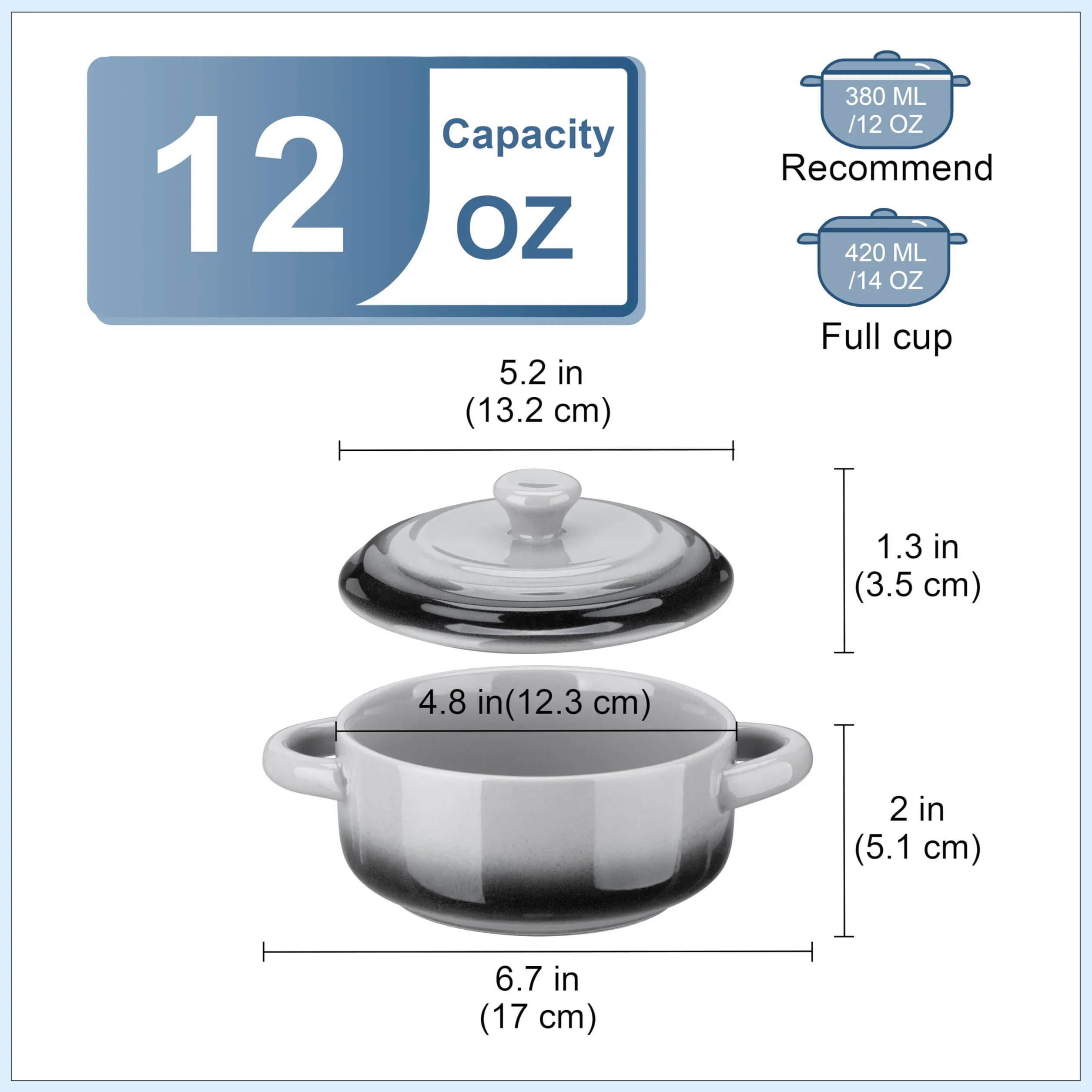 LOVECASA Małe naczynie do zapiekania do piekarnika, ceramiczny mini zestaw koktajli 350 ml, francuskie miski do zupy cebulowej z pokrywkami i uchwytem, ramekiny do gulaszu, lasagne, zestaw 4 szt