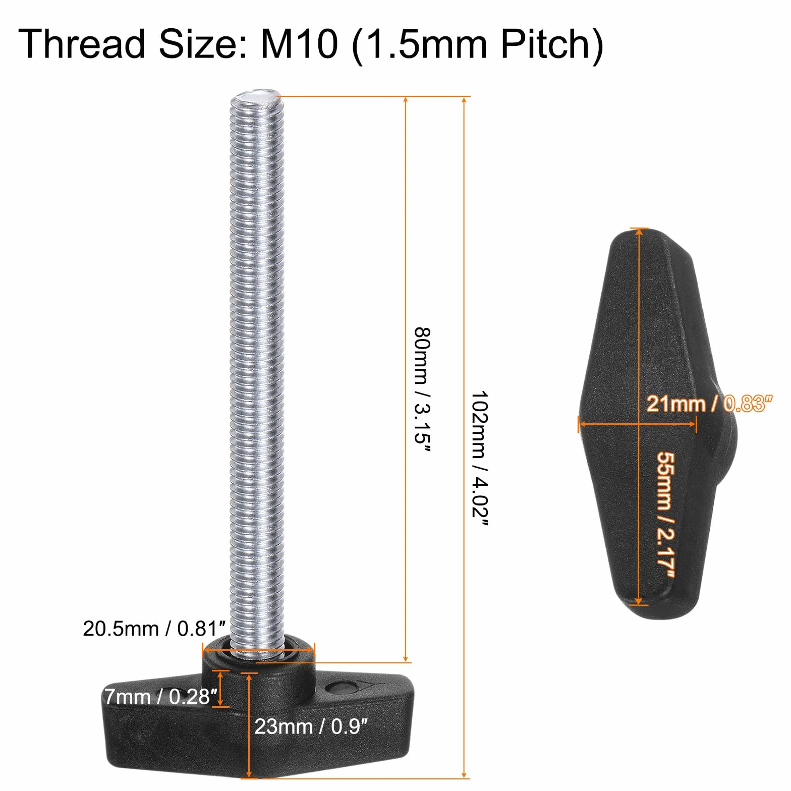 QUARKZMAN 4 sztuki śrub radełkowanych z gałkami motylkowymi T M10 x 80 mm tworzywo sztuczne łeb T stal węglowa 55 mm śruba gwintowana śruba zaciskowa śruba skrzydełkowa uchwyty uchwyt zacisk do