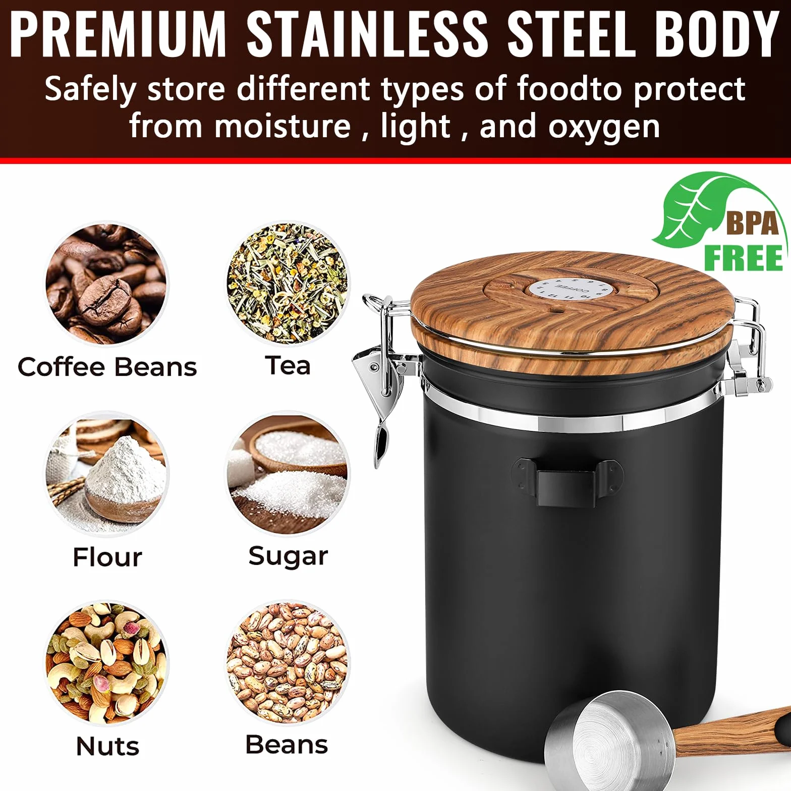 Pojemnik na ziarna kawy ze stali nierdzewnej 304 z zaworem wylotowym, wielofunkcyjne szkło uszczelniające