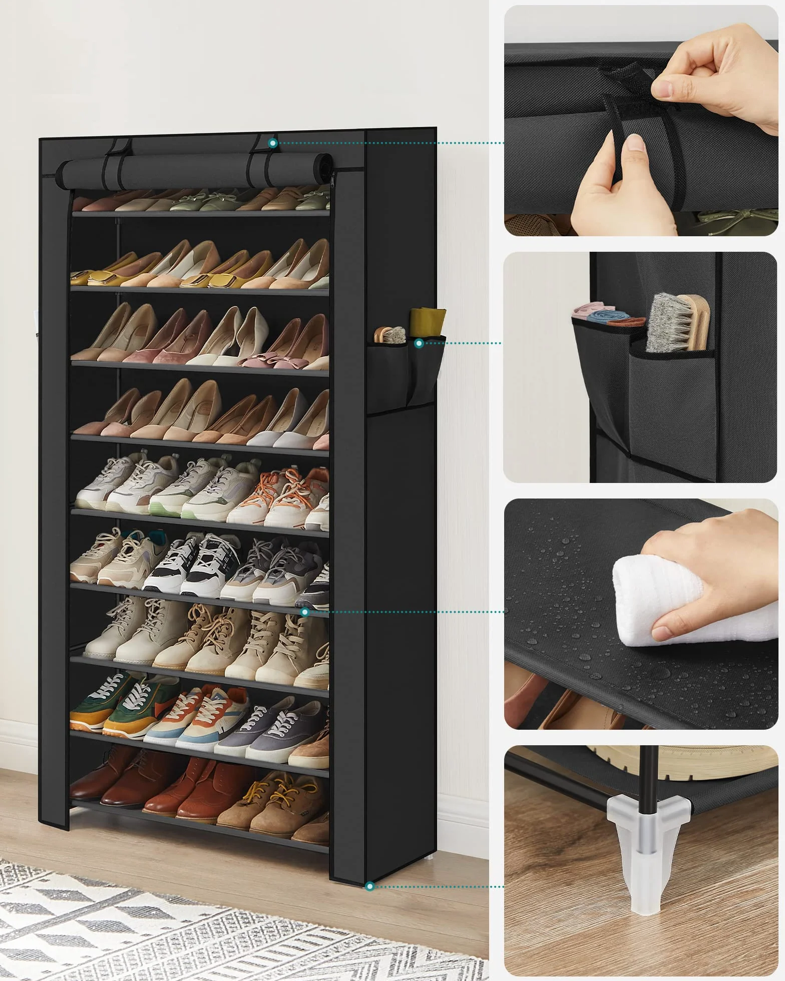 SONGMICS regał na buty z 10 poziomami, z odporną na kurz powłoką, szafka na buty, do 40 par butów, do salonu, korytarza, 88 x 28 x 160 cm, czarny RXJ36HV1