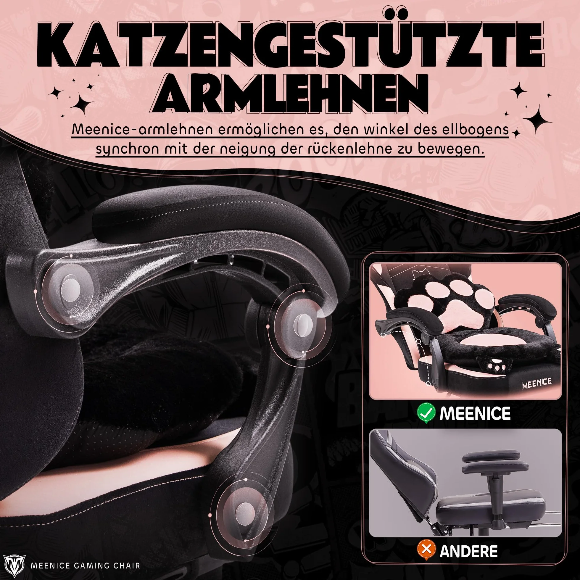 Urocze krzesło gamingowe z poduszką lędźwiową i kocimi uszami, welurowe, ergonomiczne krzesło dla graczy z podnóżkiem, krzesło do gier komputerowych dla dziewcząt, nastolatków, dzieci