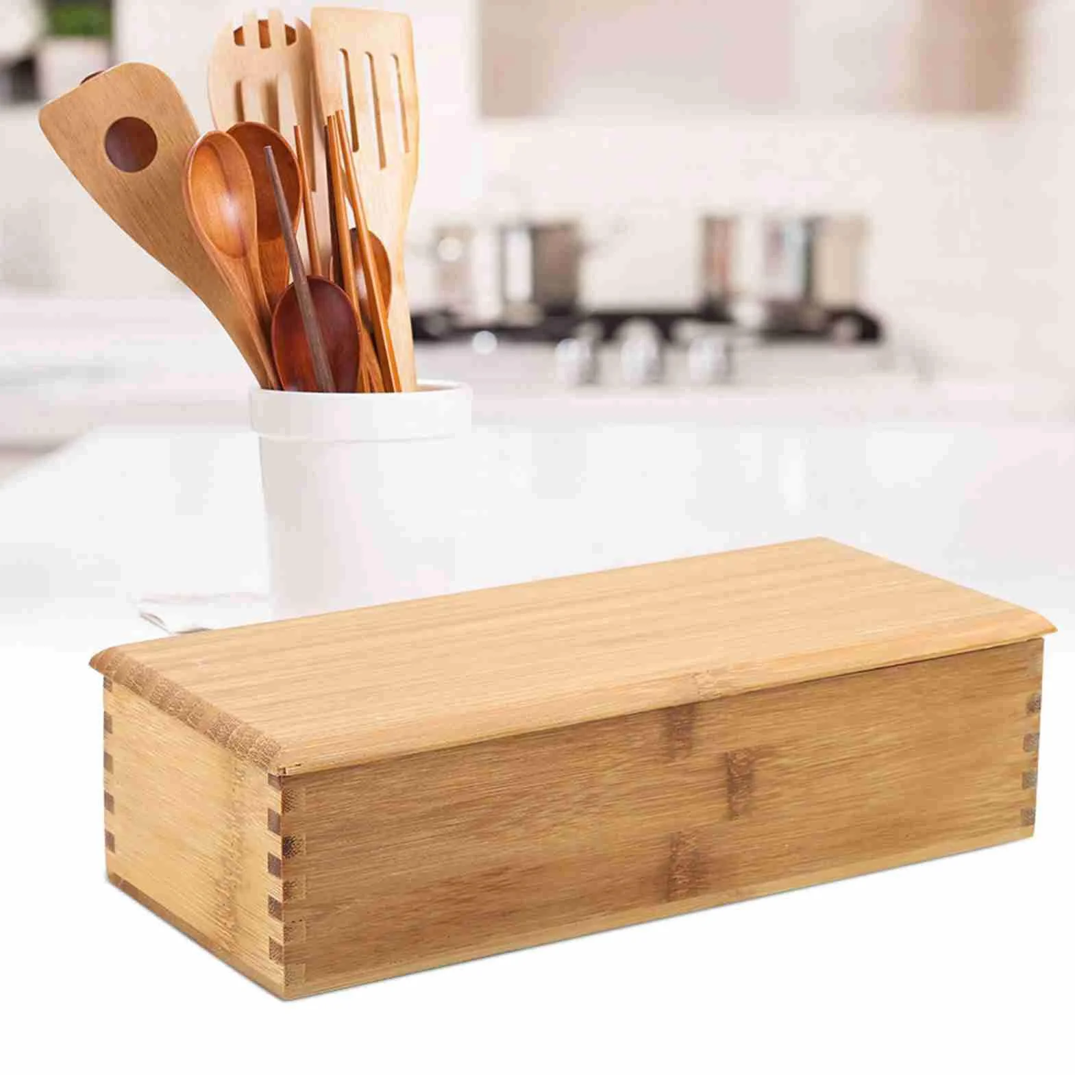 Vintage Wooden Cutlery Organizer with Lid for Kitchen Counter Drawer