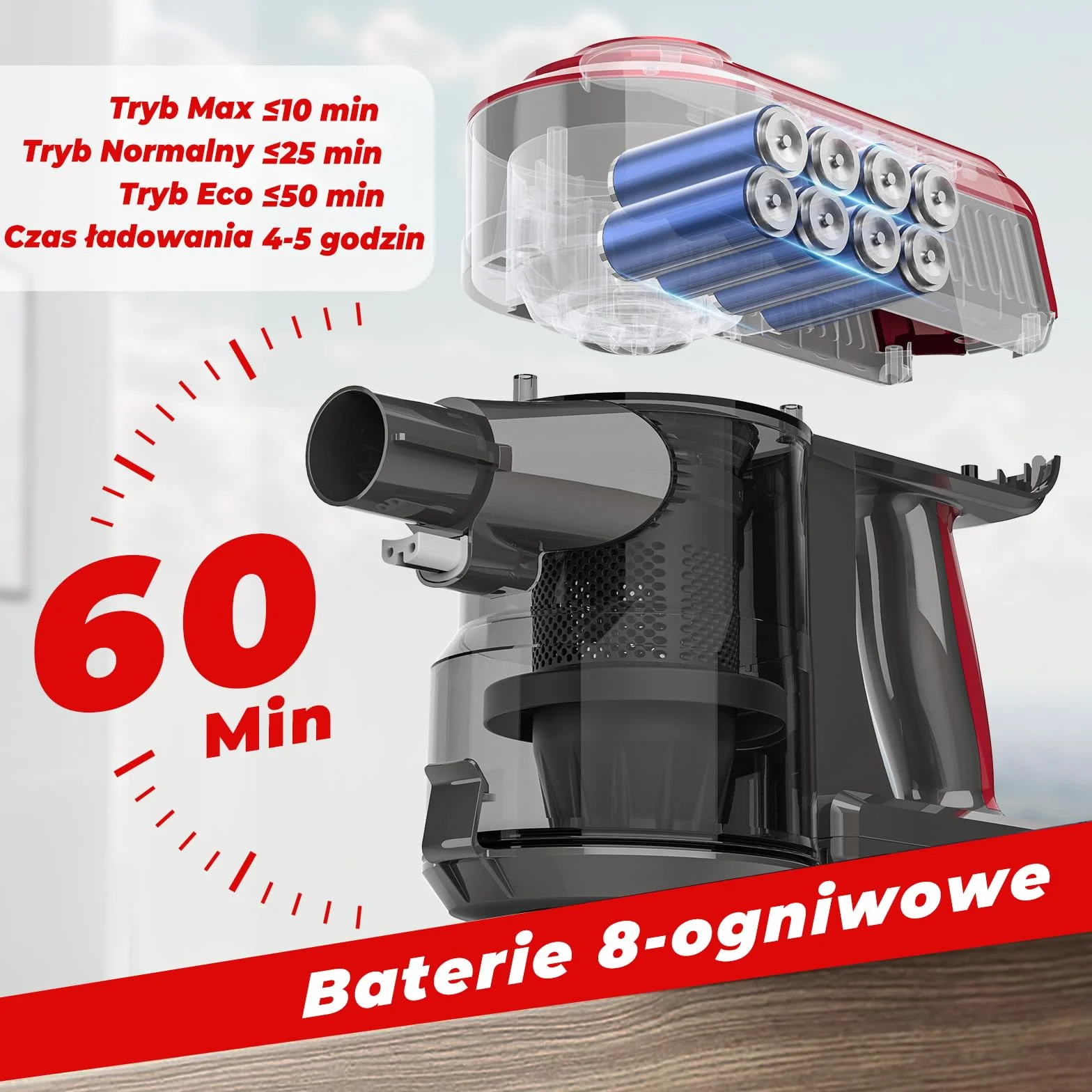 Akitas V10A Bezprzewodowy Odkurzacz 450W BLDC, 45 kPa, 60 min Pracy, Lekki Pionowy i Ręczny z LED Power Brush, Anti-Tangle, do Dywanów, Twardych Podłóg i Sierści Zwierząt