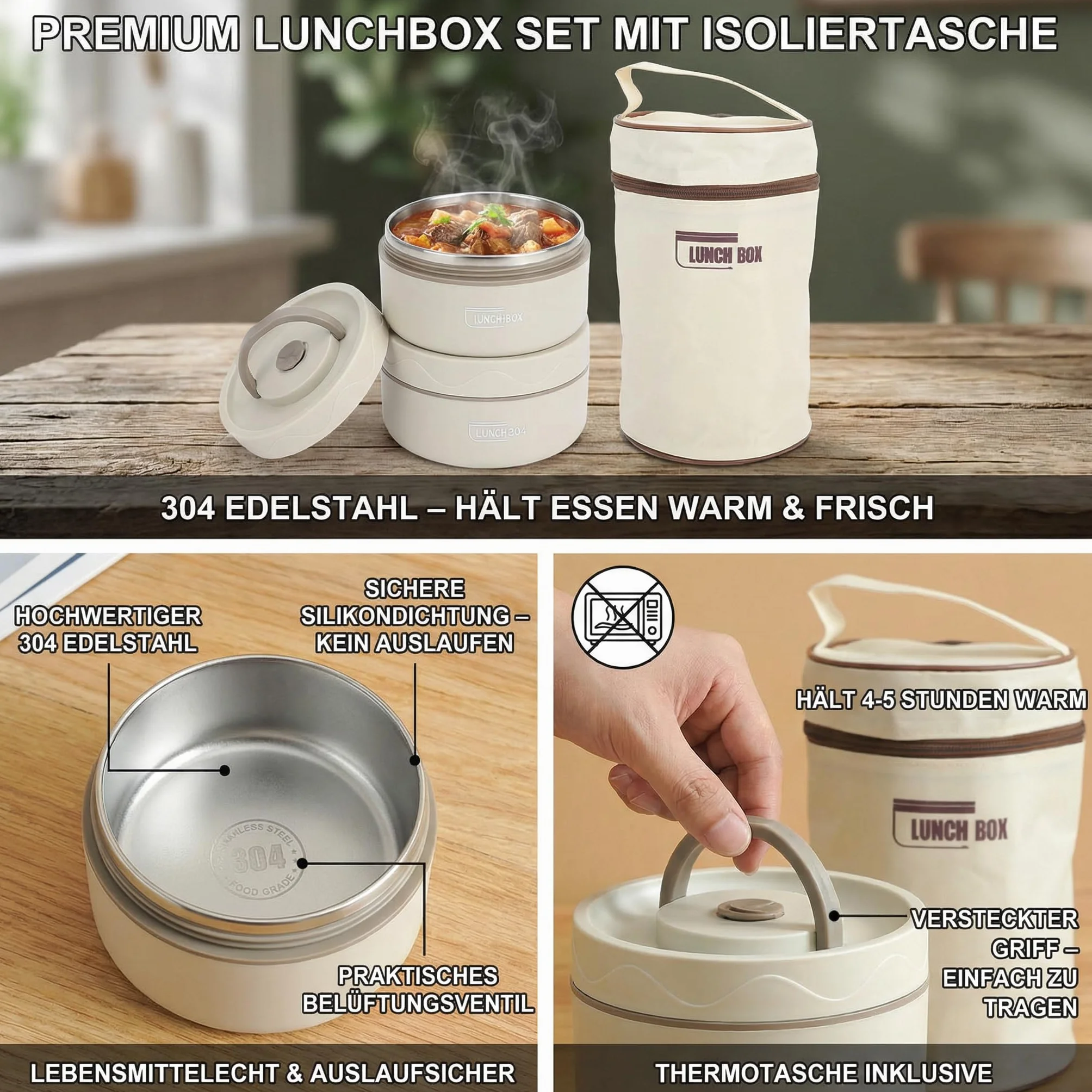 Ejoyous Izolowany pojemnik na lunch ze stali nierdzewnej 304, przenośny, okrągły, termiczny, z pokrywką i torbą termiczną, do posiłków, zupy, lunchu itp. (-3118230223112)