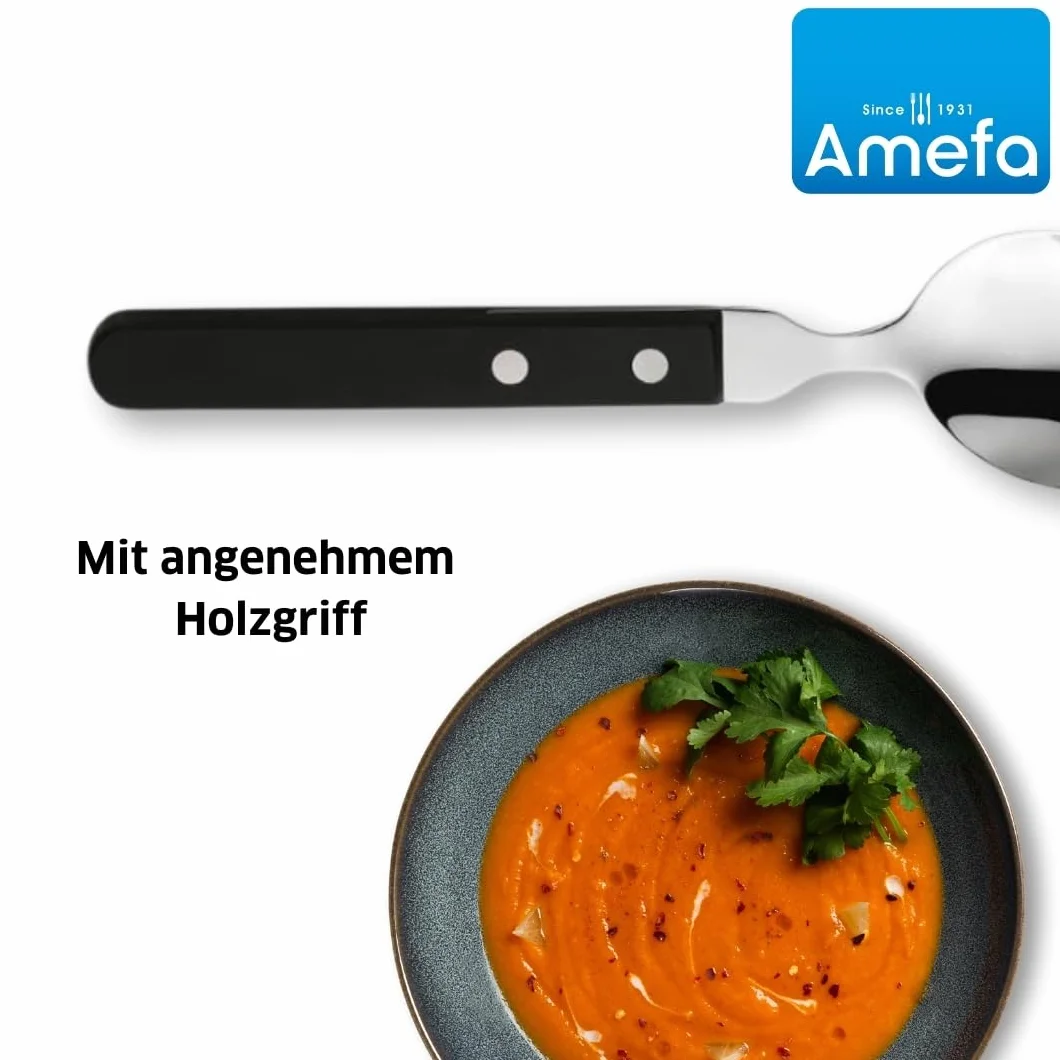 Amefa PIZZA 7000 zestaw łyżek do pizzy/steków dla 6 osób, czarny uchwyt, stal nierdzewna 18/0, polerowana i nierdzewna, 2-krotnie nitowane uchwyty z drewna Pakka, sztućce do pizzy, sztućce do steków,
