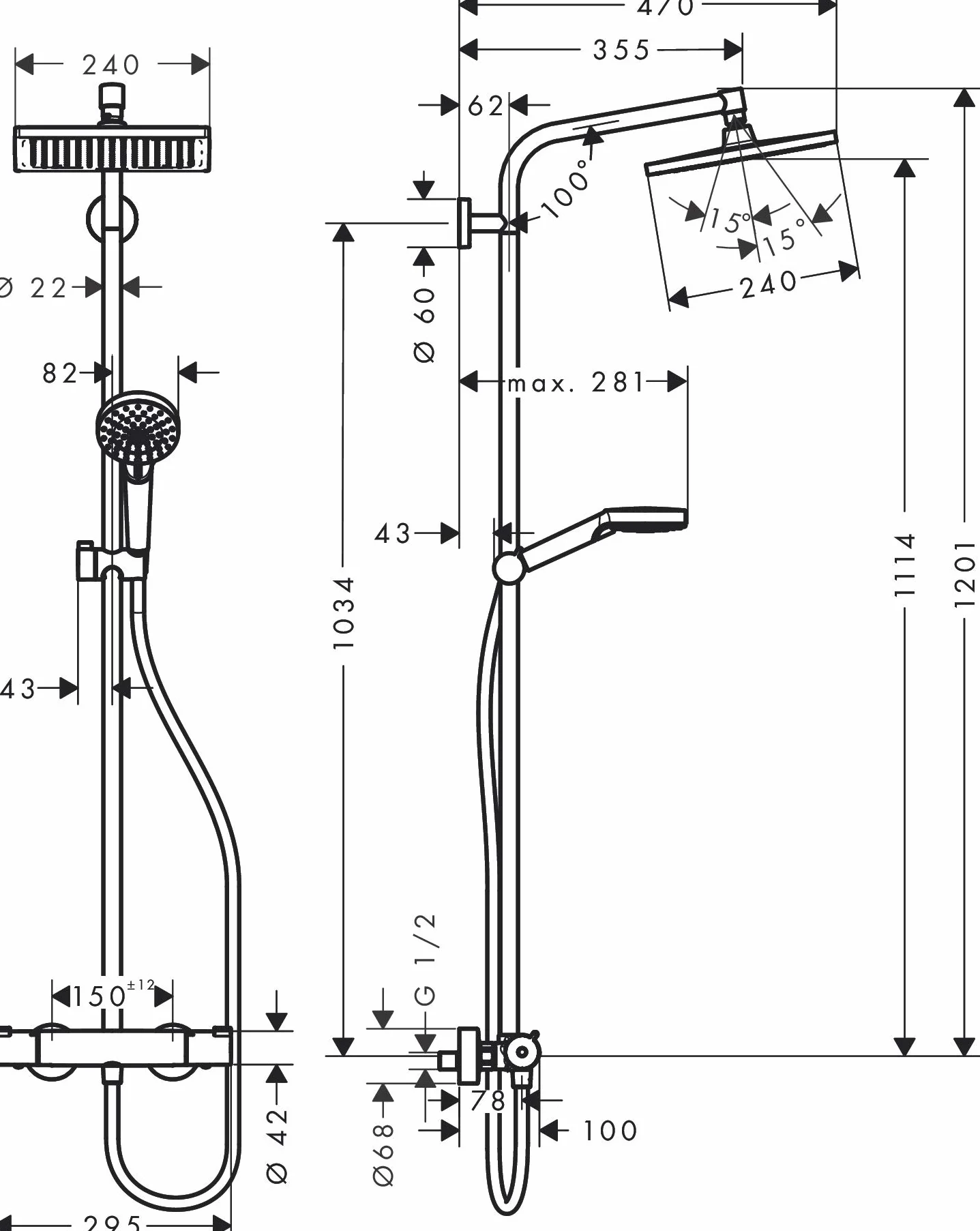 hansgrohe Crometta E - oszczędzający wodę komplet prysznicowy (EcoSmart) z termostatem, zestaw prysznicowy z główką prysznicowa, wąż, szyna i deszczownica kwadratowa (240x240mm), chrom, 27281000
