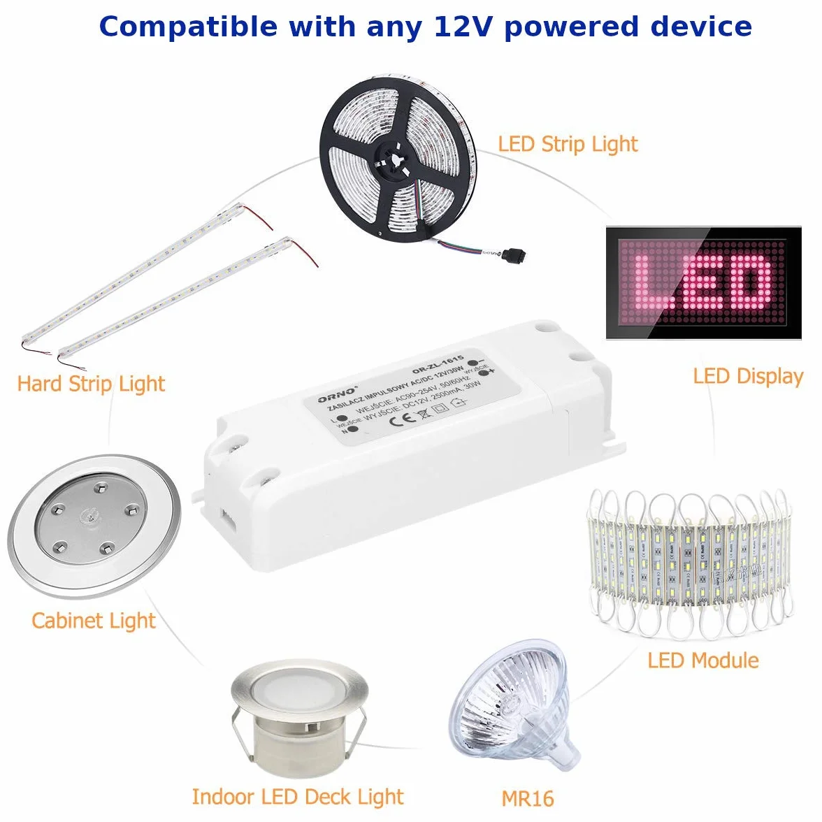 Orno Transformator LED 12 V (90 V-254 V na 12 V) do żarówek LED G4 MR11 MR16 GU5.3 LED lub sterowników pasków świetlnych (6 W-50 W), IP20