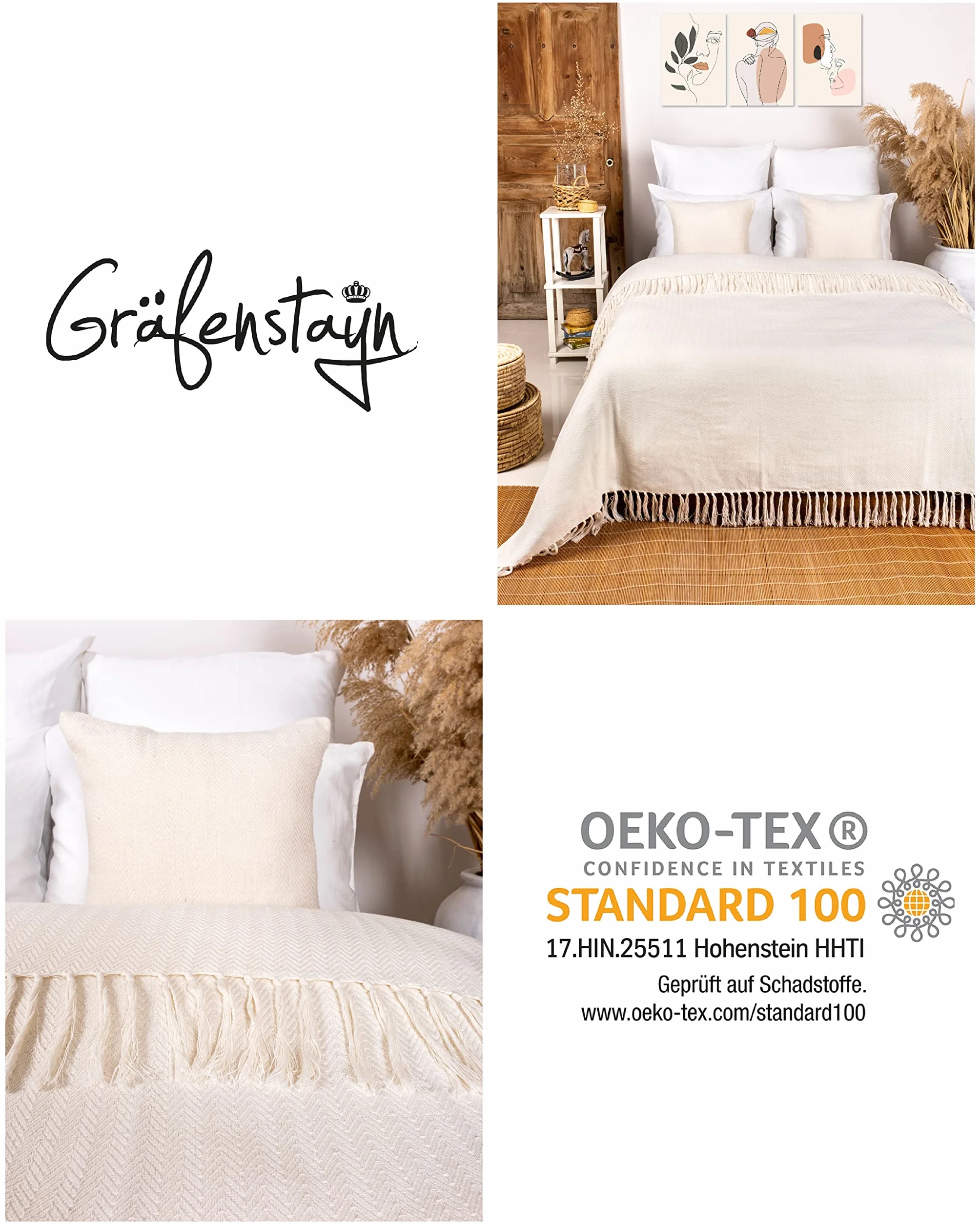 Gräfenstayn Narzuta klasy premium z frędzlami, 100% bawełna, wzór w jodełkę, koc, na lato, na łóżko, na kanapę, na sofę, 180 x 240 cm, kremowa