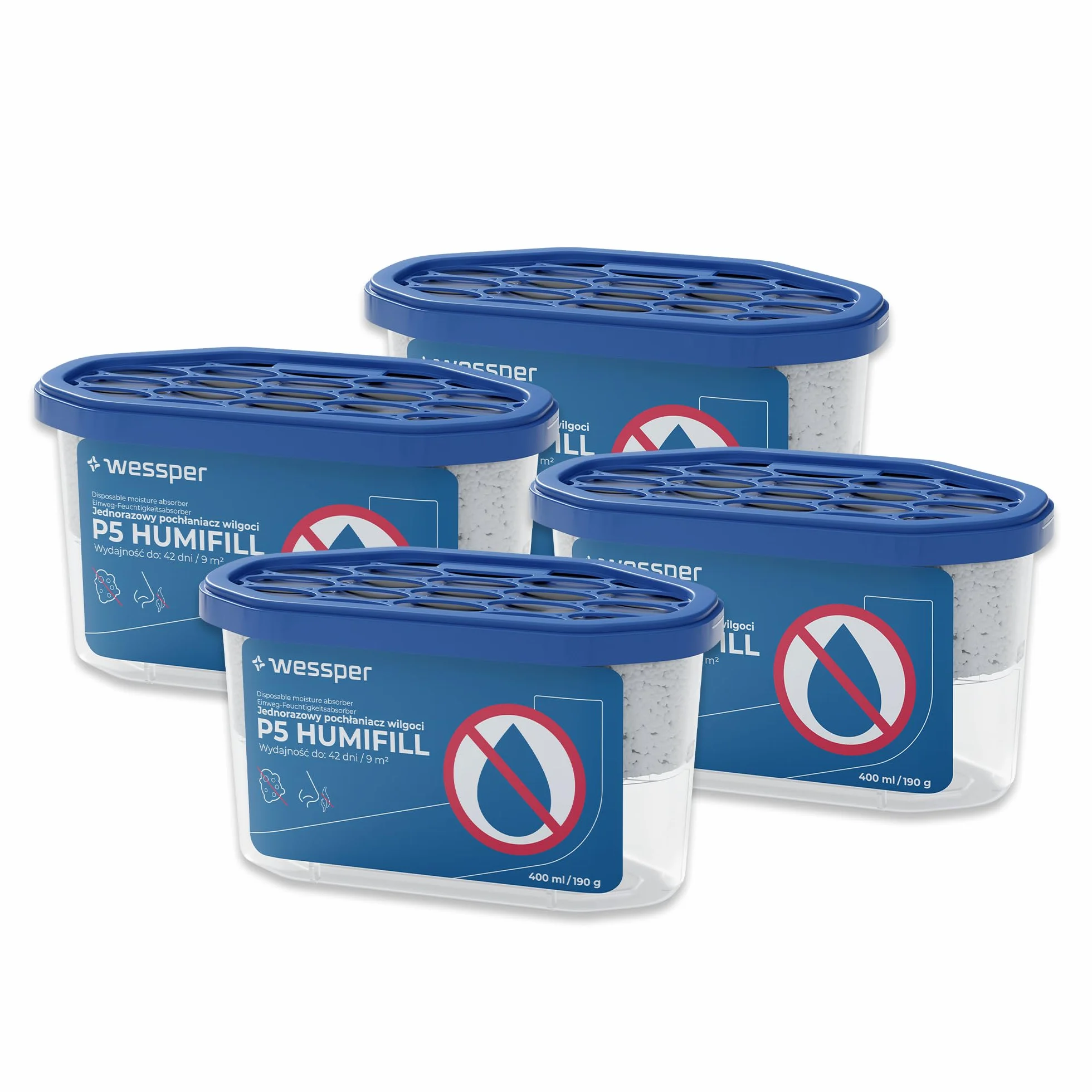 Pochłaniacz wilgoci przeciwdziałający wilgoci i pleśni, Osuszacz powietrza do domu do szafy, łazienki, piwincy 400 ml, Absorber wilgoci do pomieszczeń 9 m²– 4 sztuki