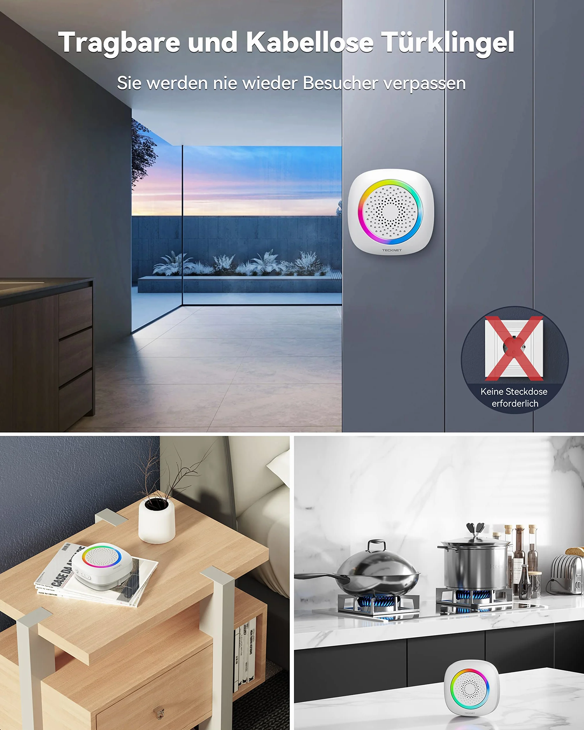 TECKNET Bezprzewodowy Dzwonek z 2 Przenośnymi Odbiornikami, Dzwonienie z RGB, Na baterie, IP66, Zestaw Dzwonków Wodoodpornych, Zasięg 1300ft, 60 Melodii i 5 Poziomów Głośności, Czas Pracy do 4,5 Roku