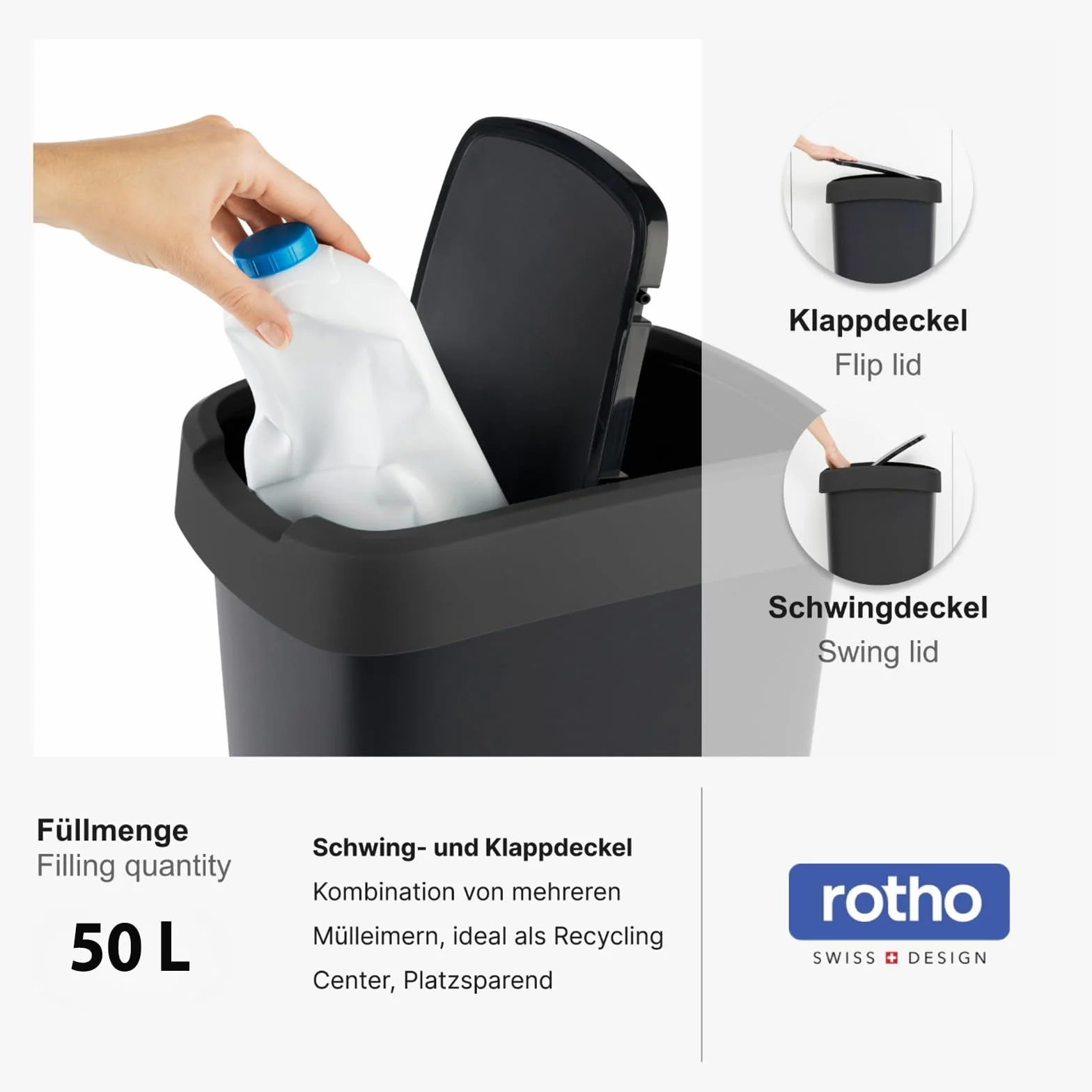 Rotho Twist Kosz na śmieci, 50 l, z pokrywką, tworzywo sztuczne (PP), nie zawiera BPA, zielony, 50 l (40,1 x 29,8 x 60,2 cm)
