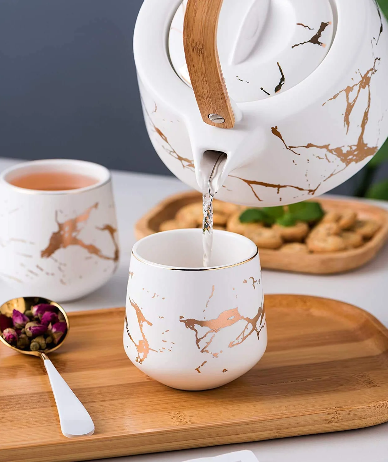 Ceramiczny zestaw do herbaty w japońskim stylu, elegancki czajniczek i 4 filiżanki do herbaty z drewnianą tacą na popołudniową herbatę, wystrój domu, restauracji, herbaty, przyjęcie, marmurowe