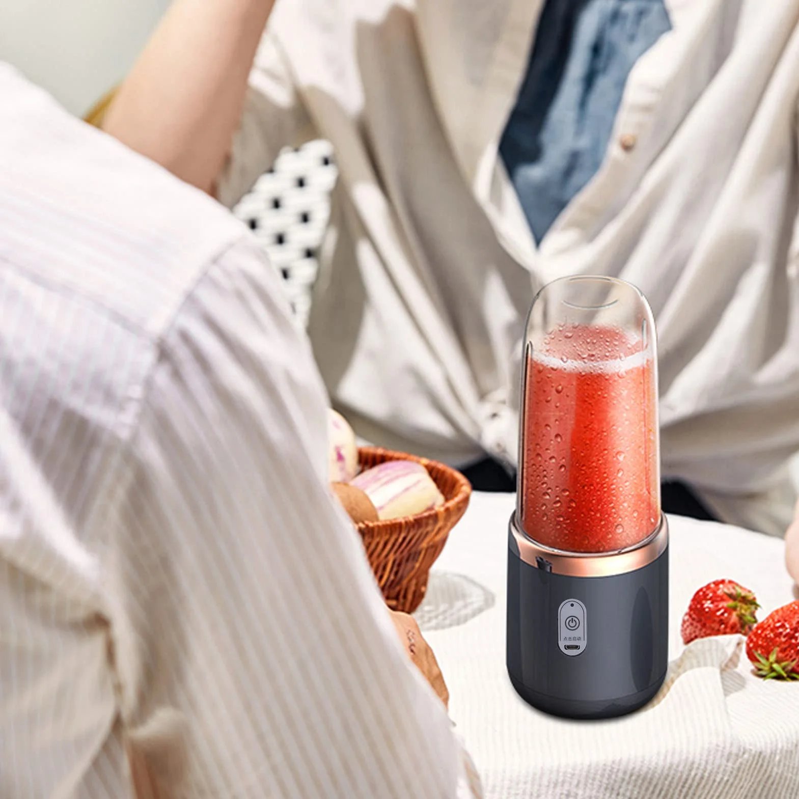 Mini mikser elektryczny, przenośny blender 300 ml, blender owocowy, 1200 MAh, mini ekstraktor do soku ładujący USB z pokrywką, 6 ostrzy do (niebieski, 6 ostrzy, pokrywka)