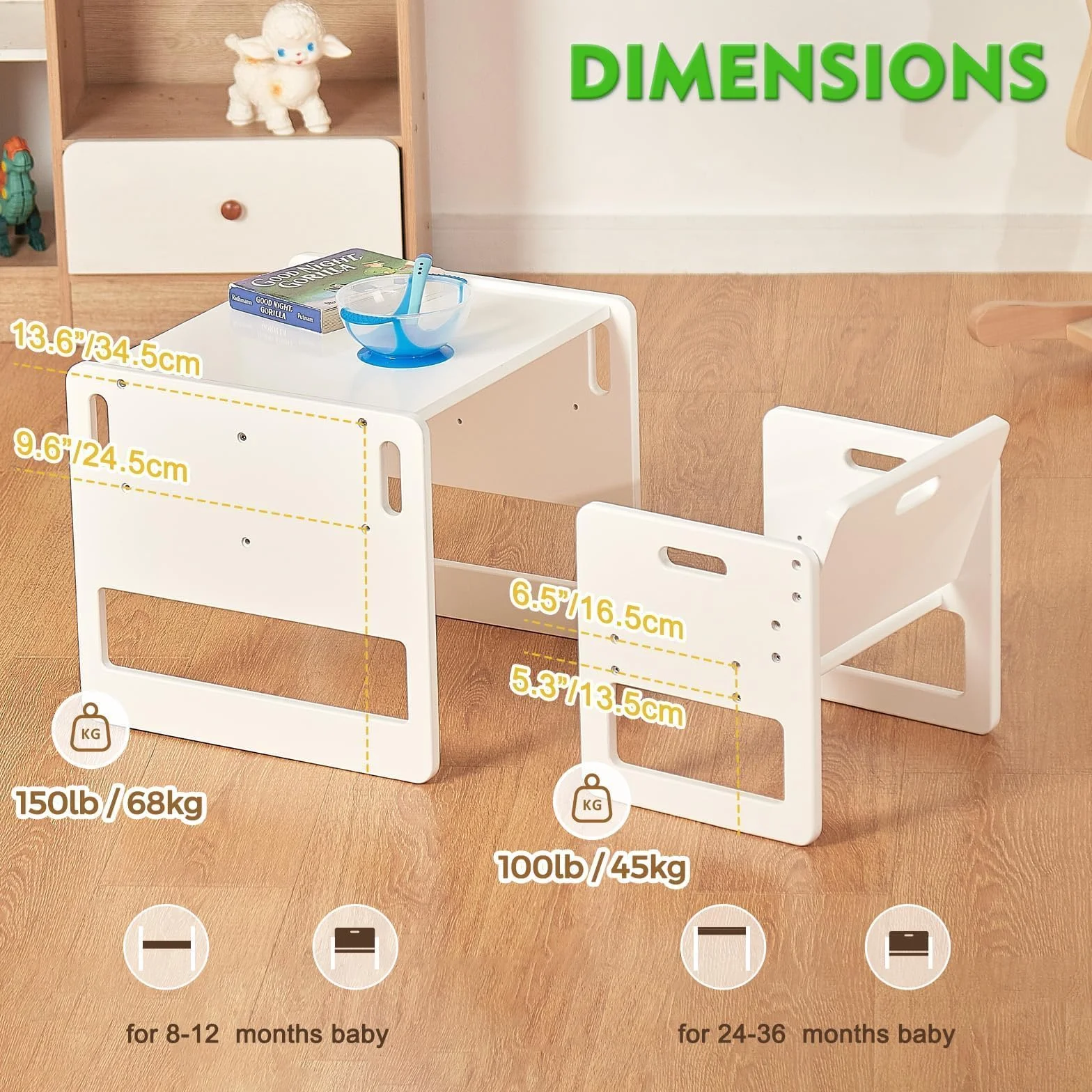 FUNLIO Montessori zestaw krzeseł dla małych dzieci w wieku 1-3 lat, z regulacją wysokości, stół i krzesło dla dzieci do czytania, jedzenia/zabawy, łatwy montaż - biały