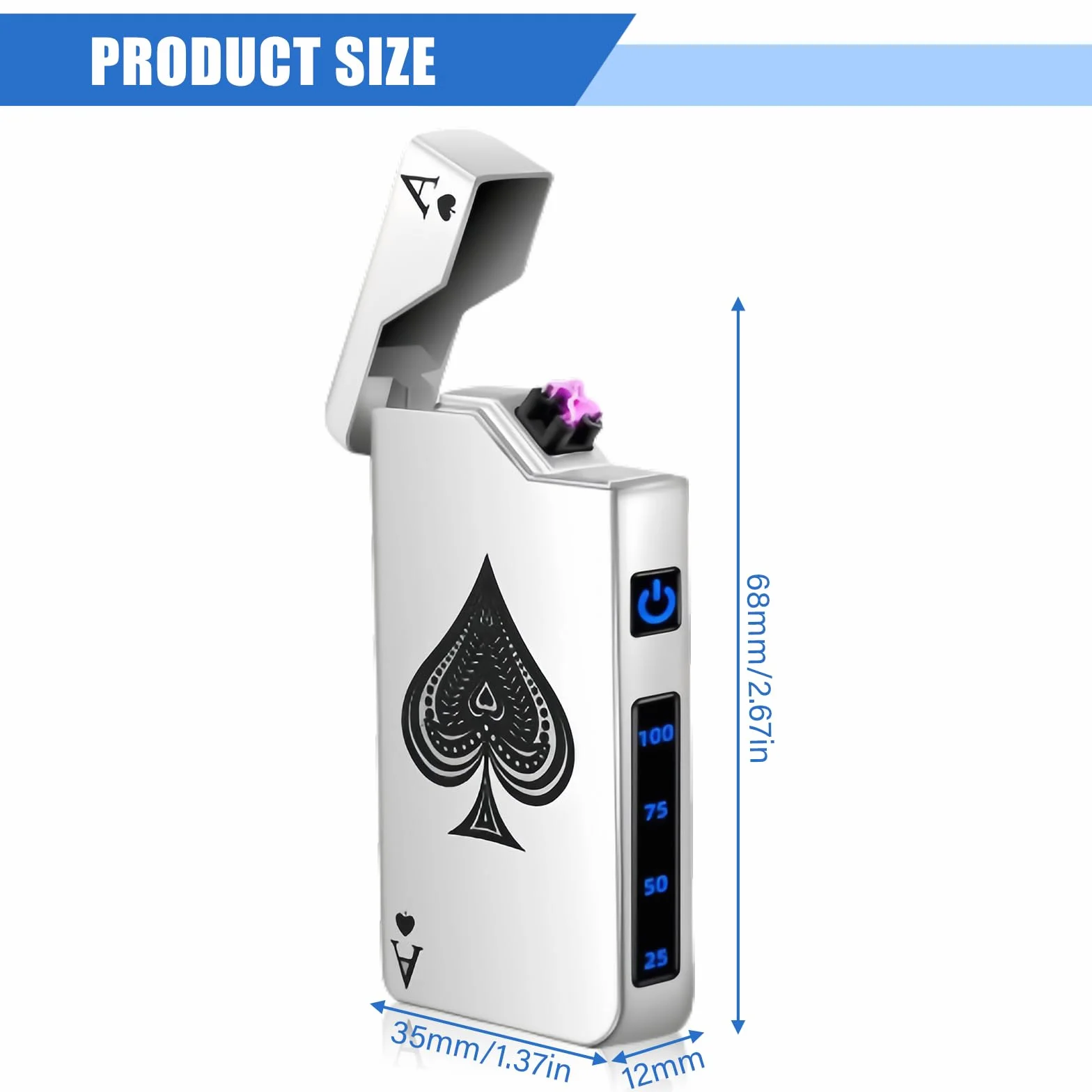 Elektroniczna zapalniczka USB, podwójny łuk LED, USB, elektryczna, wskaźnik baterii, wiatroszczelna, plazmowa z przyciskiem aktywacji (srebrna)