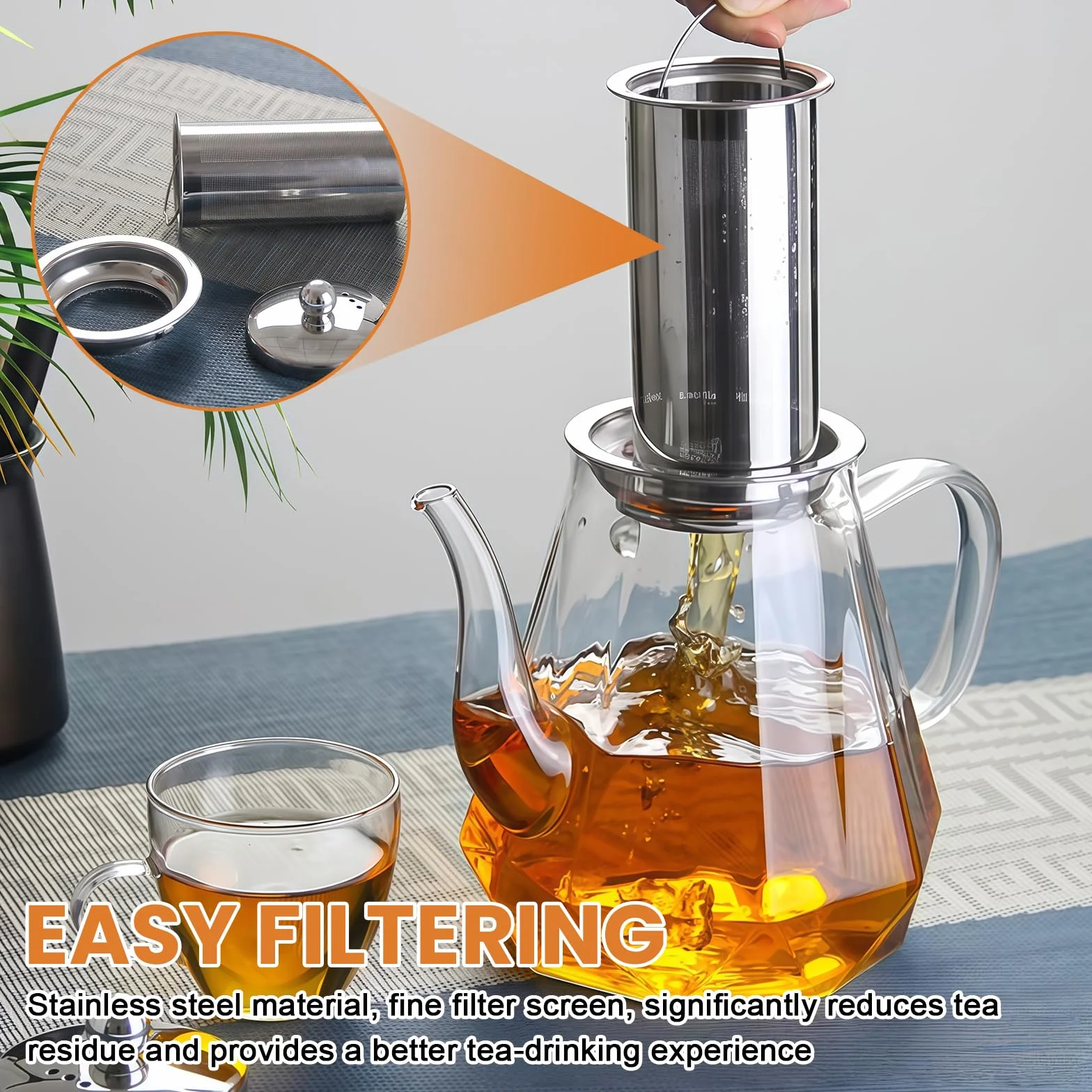 Dzbanek do herbaty z sitkiem i pokrywką: 1200 ml, szklany dzbanek do herbaty z sitkiem, odporny na wysokie temperatury, do przygotowania luźnej herbaty, herbaty kwiatowej, ziołowej