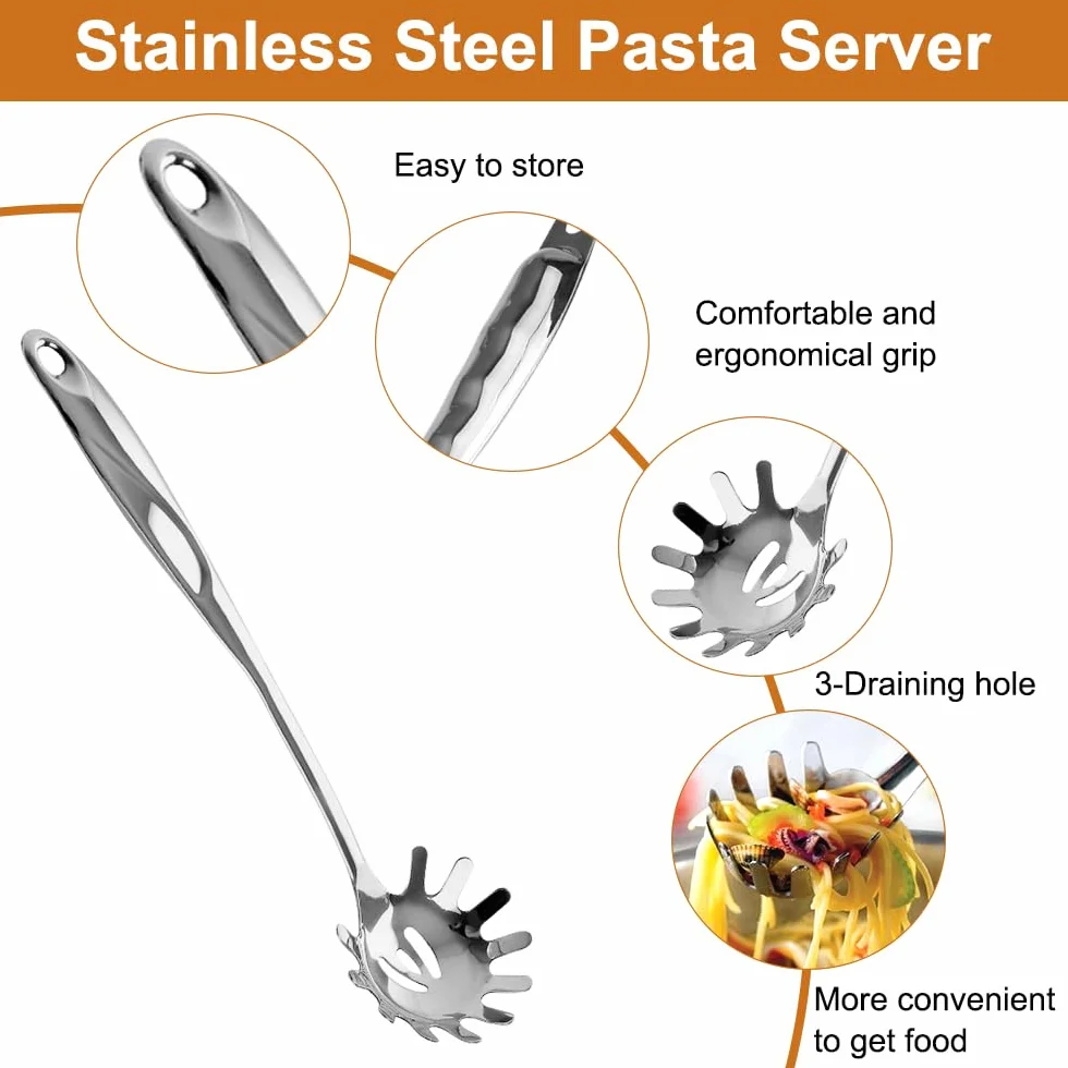 2 sztuki łyżek do spaghetti i szczypce do makaronu ze stali nierdzewnej z ząbkami i ergonomicznym uchwytem, łyżka do makaronu Hängba, nadaje się do mycia w zmywarce, łyżeczki do makaronu do pieczenia