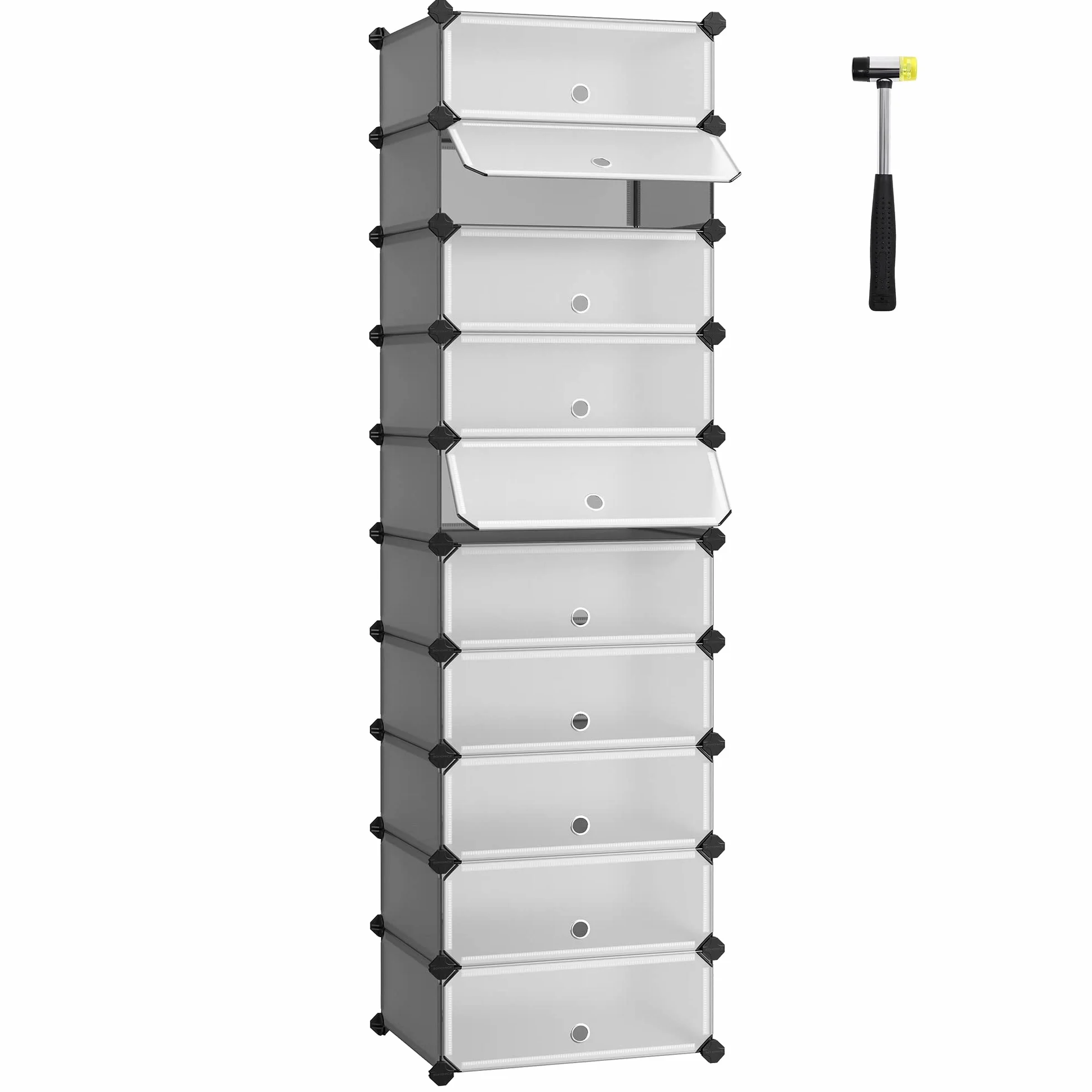 SONGMICS Zamykany stojak na buty, prostokątny organizer, 10-szczelinowy modułowy regał do przechowywania DIY, każdy moduł 40 x 30 x 17 cm, szafa z tworzywa sztucznego z drzwiami, szary LPC010G01