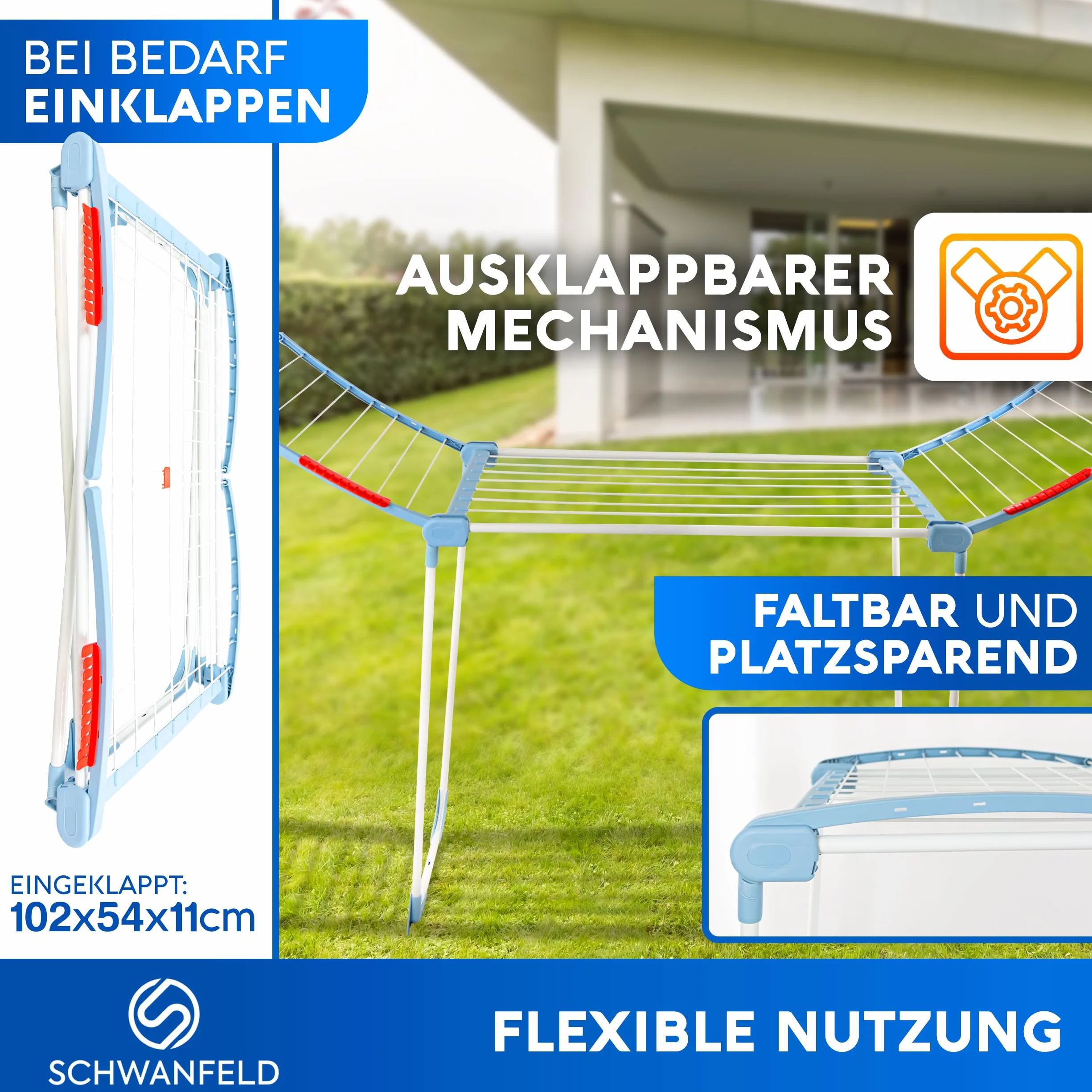 SCHWANFELD® Suszarka na pranie [18 m długości suszenia] – stojak na suszarkę premium – składana suszarka XXL – antypoślizgowa – suszarka stojąca na balkon – stojak na ubrania – stojak na ubrania