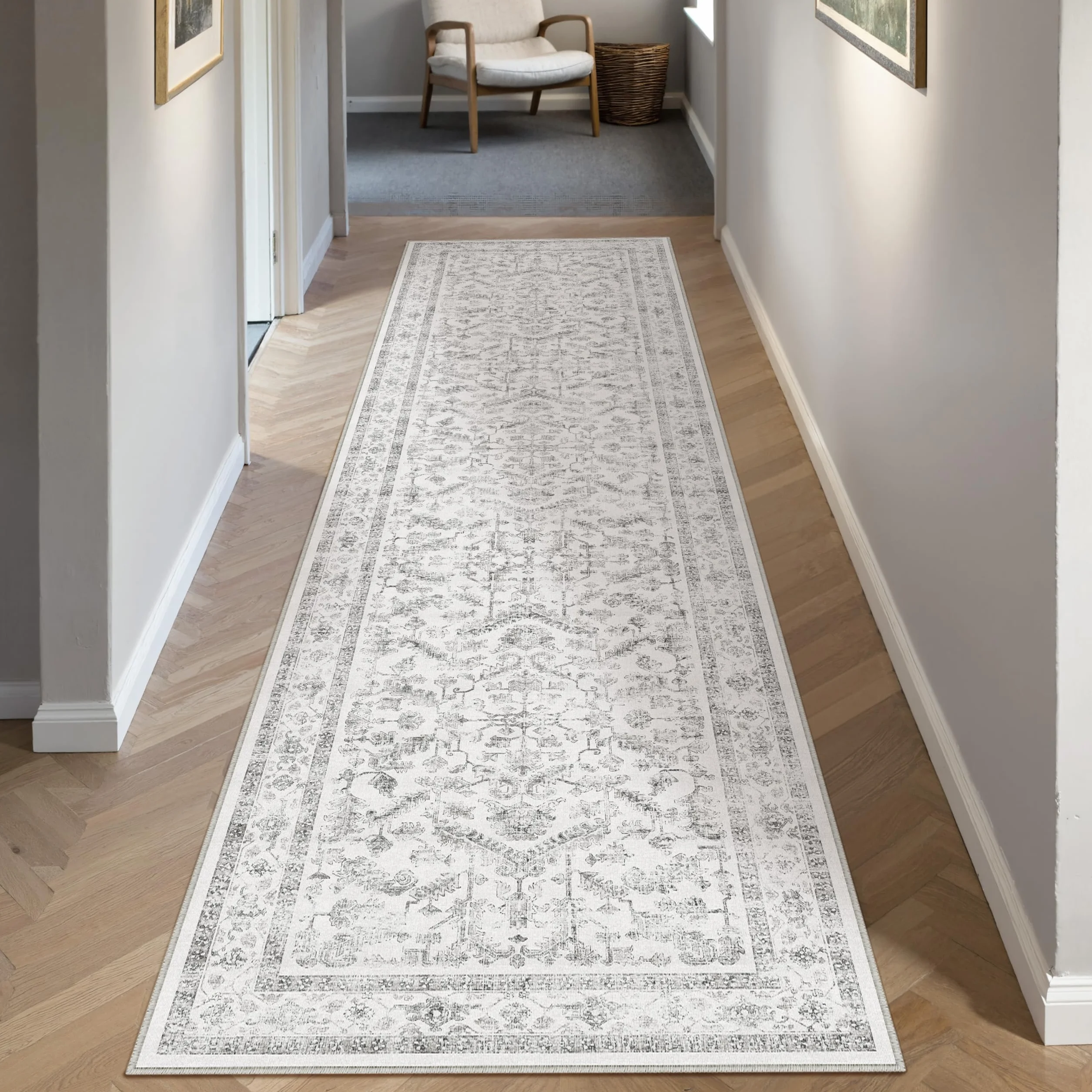 PureCozy Vintage Dywan Korytarz 60x240 cm Szary Antypoślizgowy Zmywalny Krótki Włókno