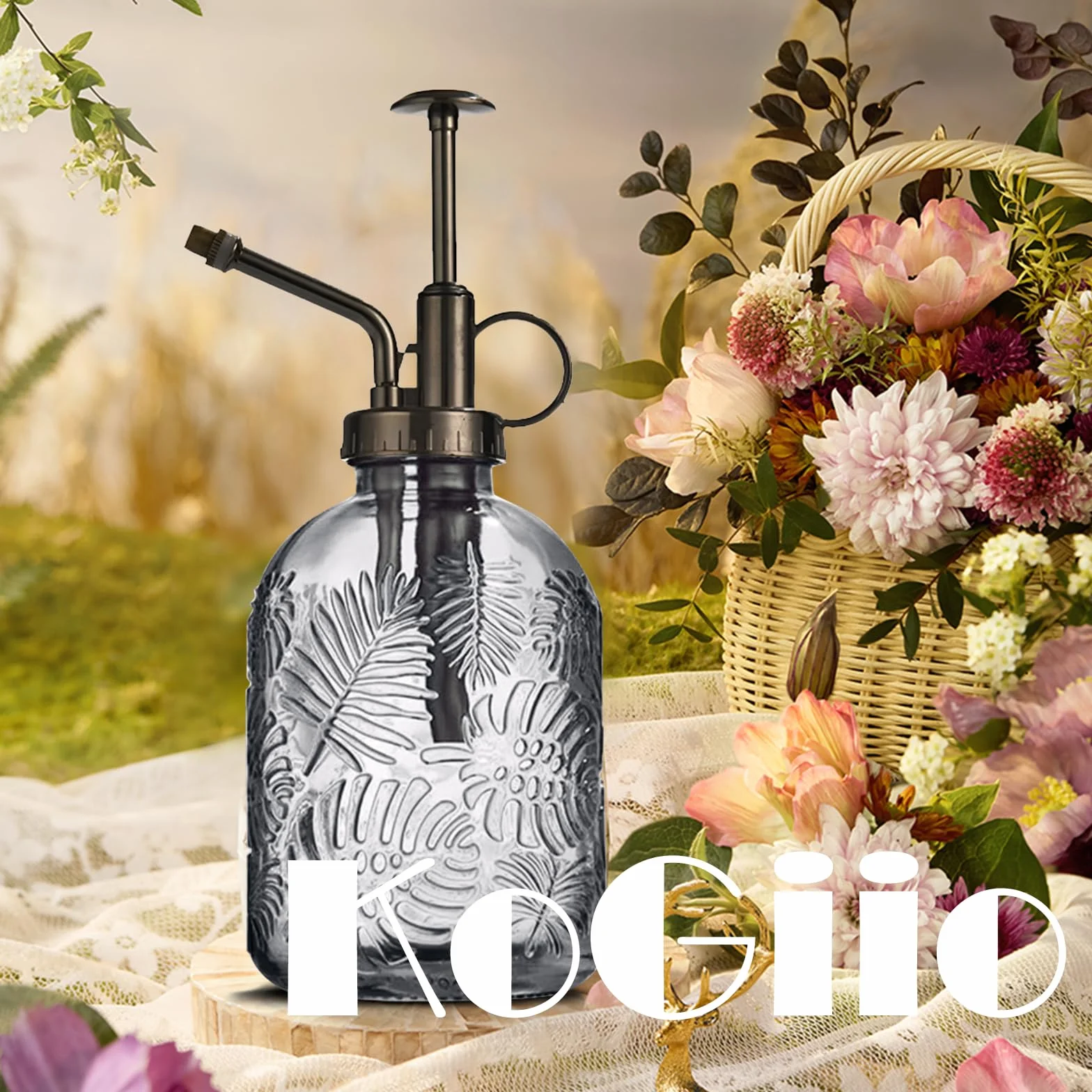 Szklany spryskiwacz do roślin 360 ml retro z górną pompką konewki szary