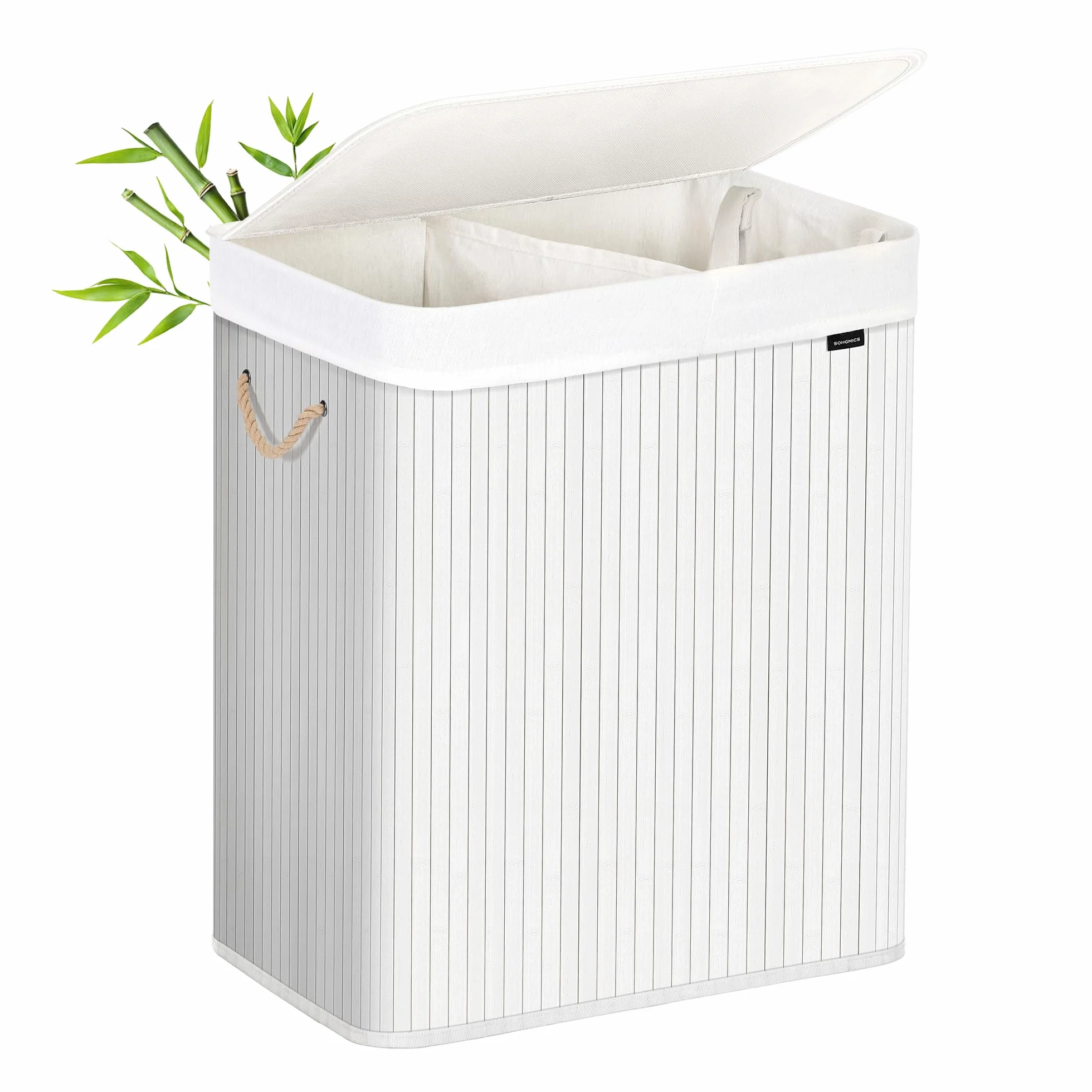 SONGMICS Kosz na bieliznę bambusowy 2 przegródki 100 l biały LCB64WT