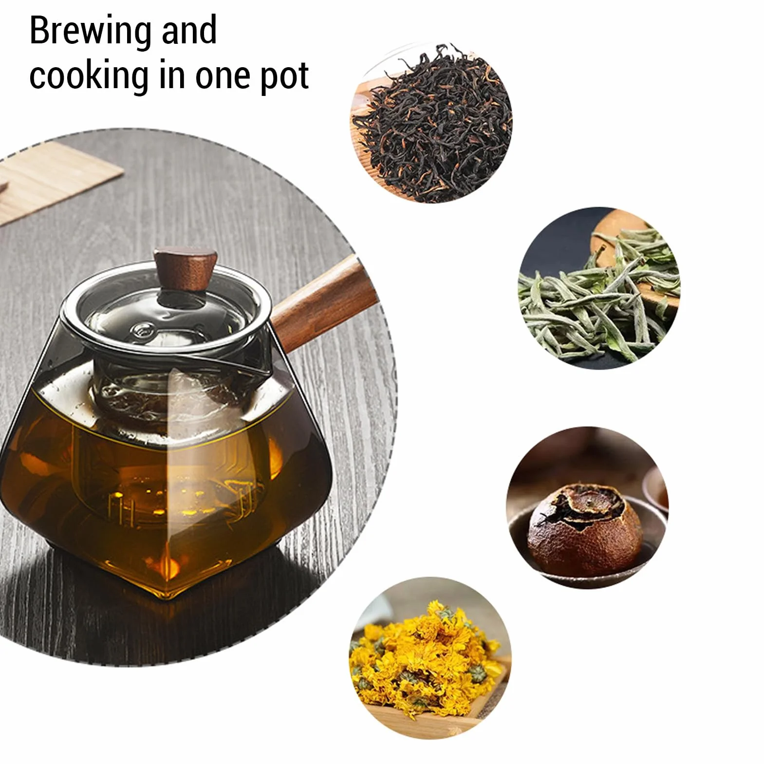 Separacja Wody Garnek Herbaty 500 Ml Szkła Browarowanie z Drewnianym Uchwytem Zdejmowanym Infuzorem Infuzer, Ehugos Stevetop Bezpieczny Duży Garnek, Kwitnienie i Luźne Ręcznie