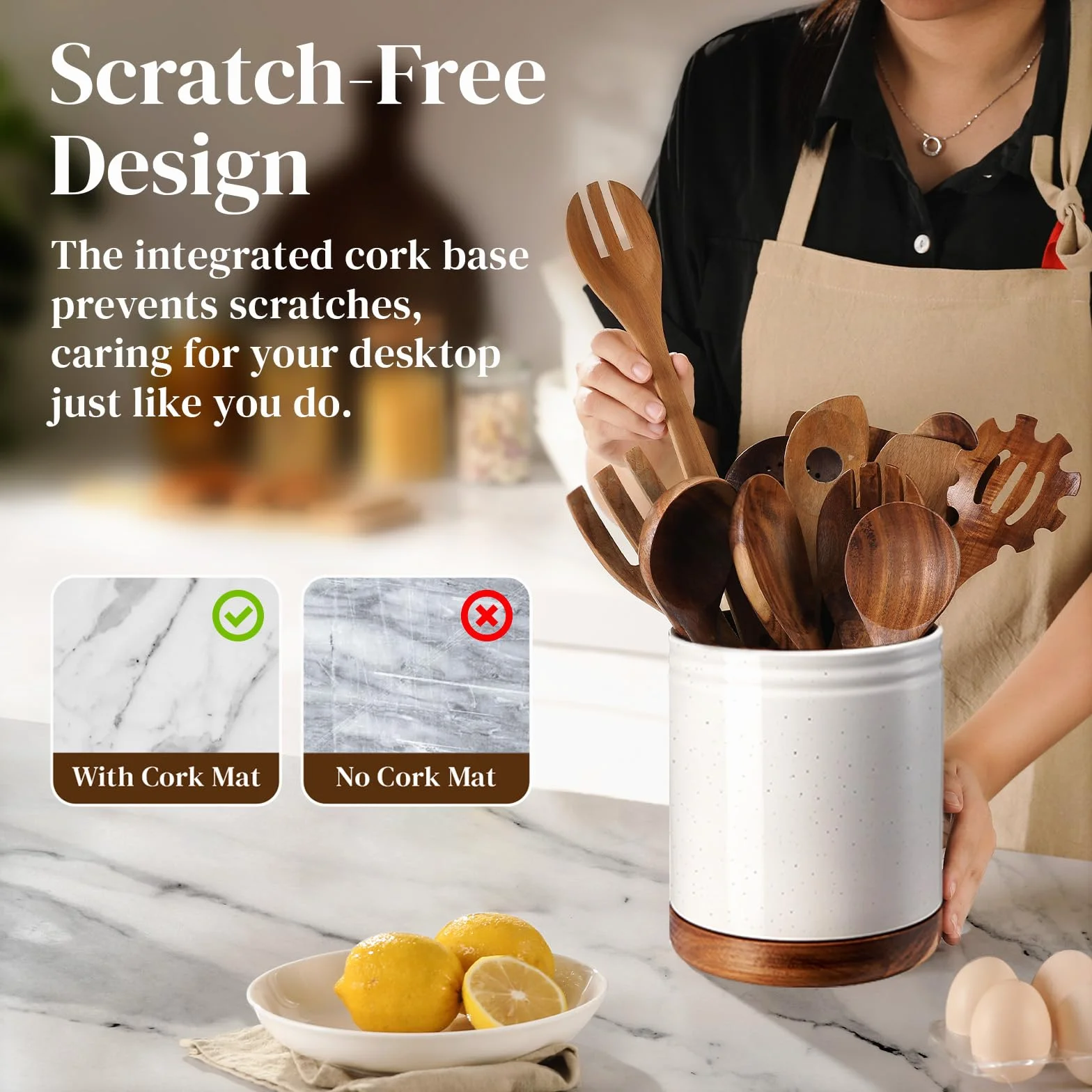 DOWAN Portautensili girevole a 360°, grande portautensili in ceramica bianca, organizer per utensili da cucina con protezione sul piano di lavoro, fondo in sughero per casa colonica e cucina, regalo