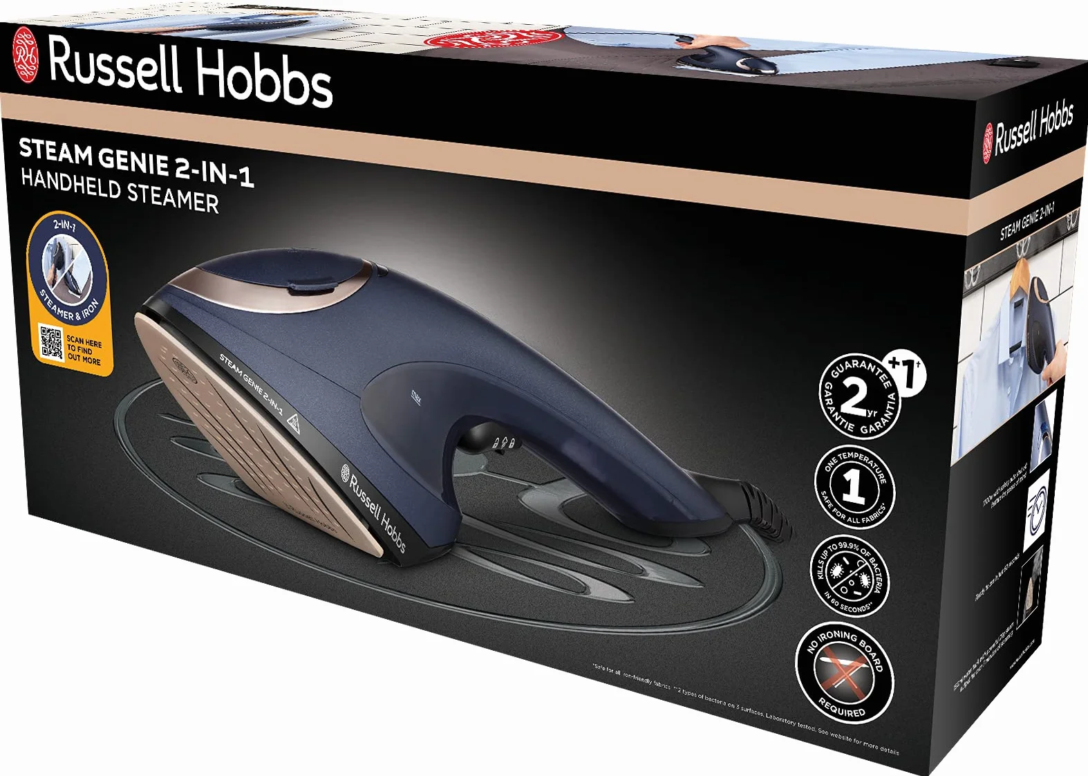 Russell Hobbs parownica do ubrań [1700W, para 20g/min] Steam Genie (2w1: parownica i żelazko parowe, ceramizna stopa, antybakteryjny, idealny w podróży, 3 nasadki: ubrania, zasłony, tkaniny) 28370-56