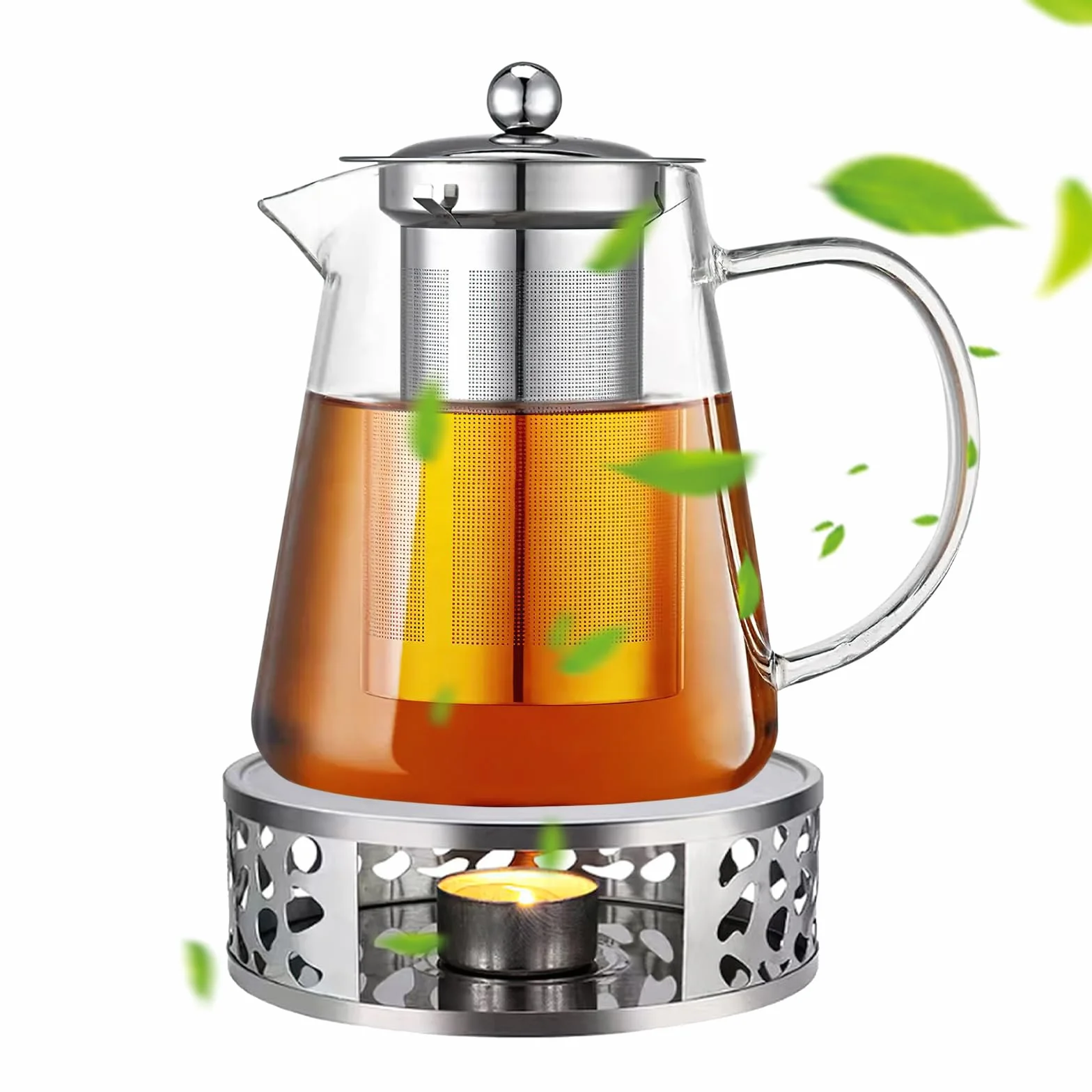 Dzbanek do herbaty 1300 ml, szklany z sitkiem i podgrzewaczem, podgrzewacz ze stali nierdzewnej, szkło borokrzemowe, zaparzacz do herbaty, dzbanek do herbaty sypkiej, herbaty owocowej