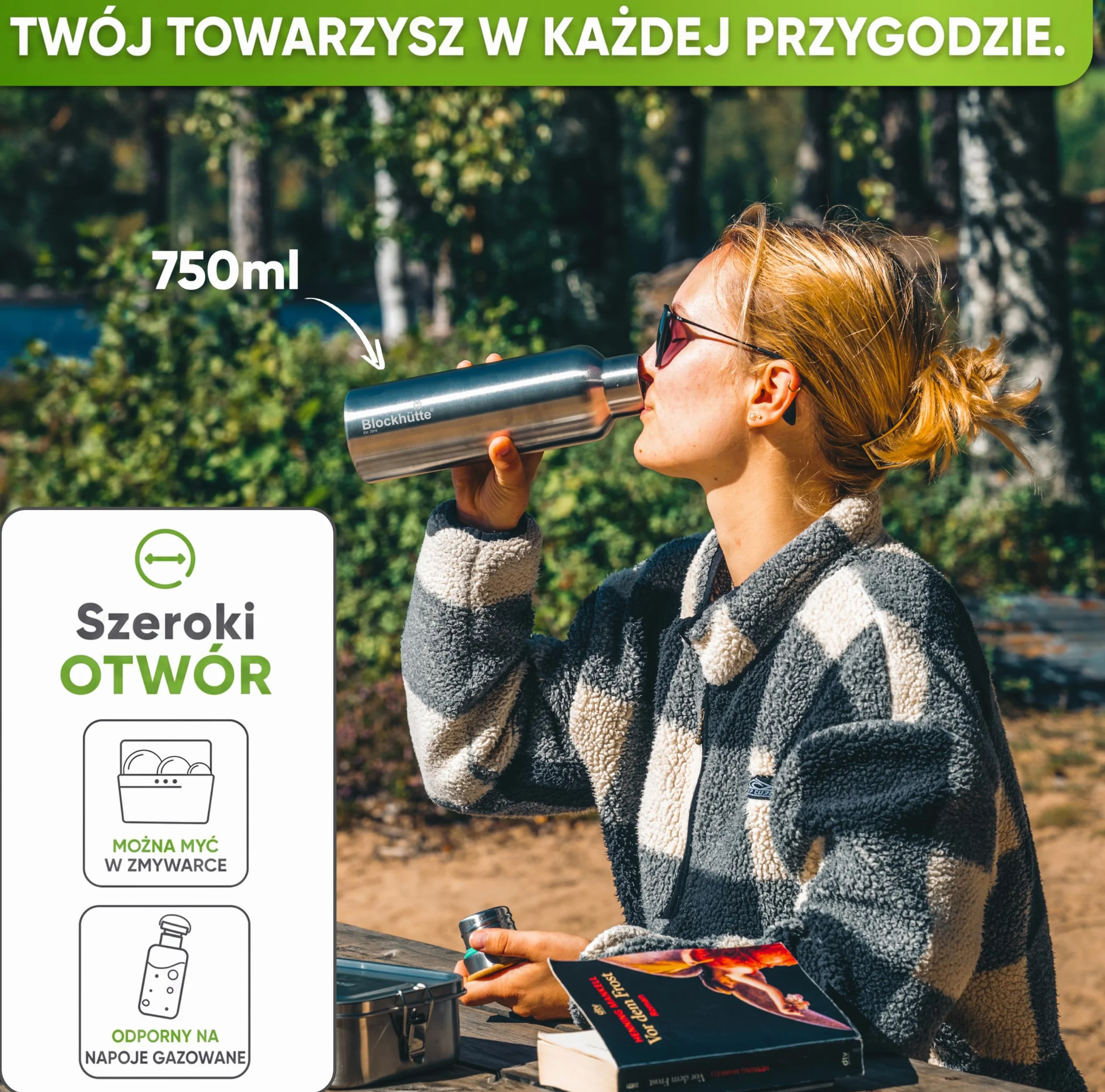 Blockhütte. Butelka na napoje, ze stali nierdzewnej, premium, izolowana, 750 ml, z ekologiczną szczotką do czyszczenia butelki, zabezpieczona przed wyciekiem, nadaje się do zmywarki, do sportu, bez bisfenolu A
