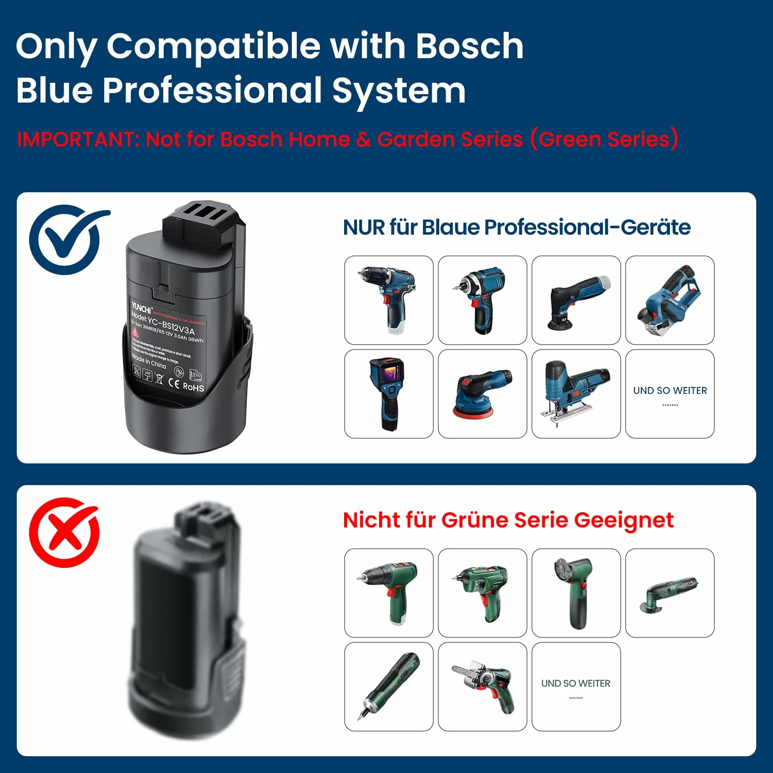 YUNCHI Akumulator zastępczy 3,0 Ah do akumulatora Bosch 12 V, kompatybilny z systemem Bosch Professional 12 V, 2 sztuki
