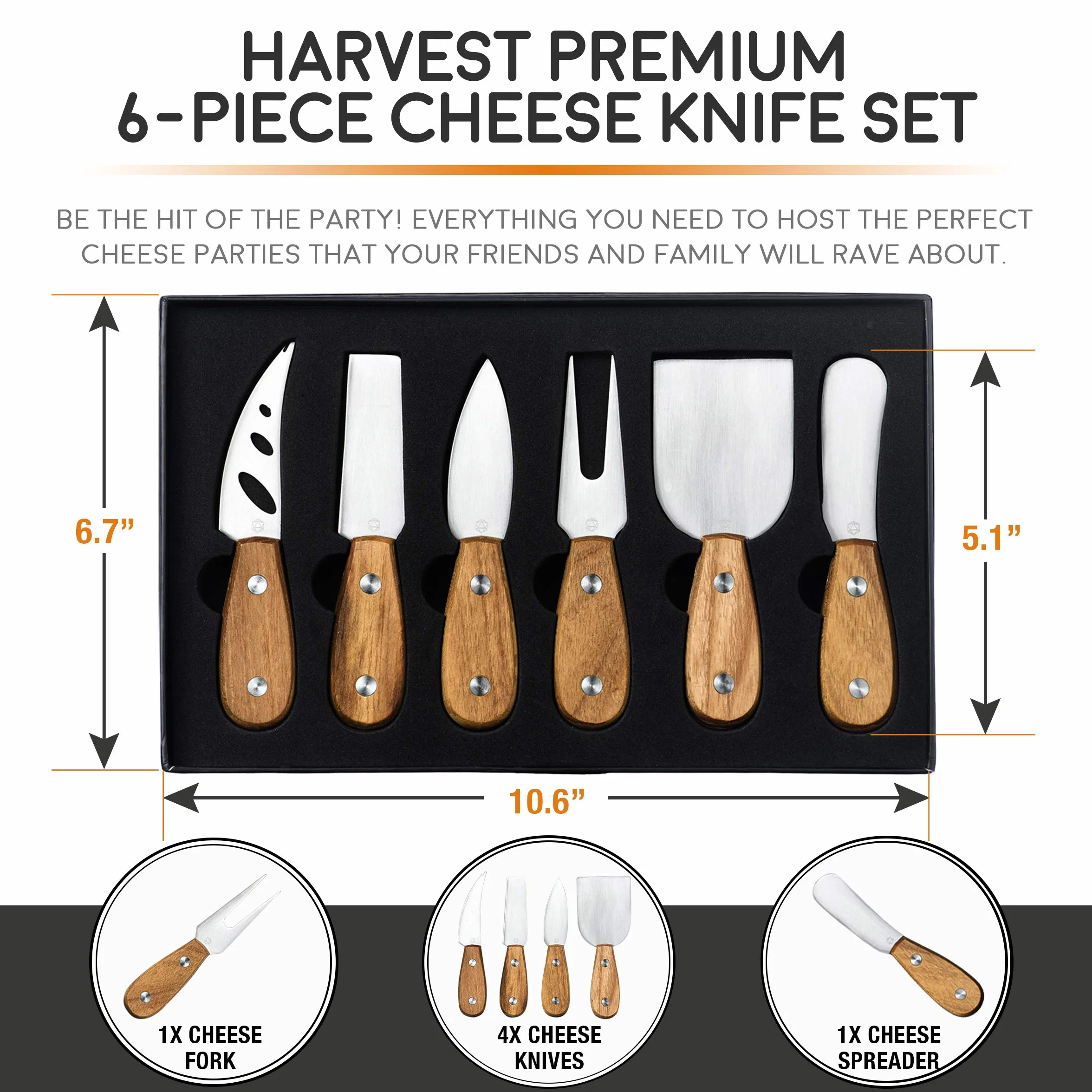 Harvest Premium Käsemesser-Set 6-teilig Holz Edelstahl