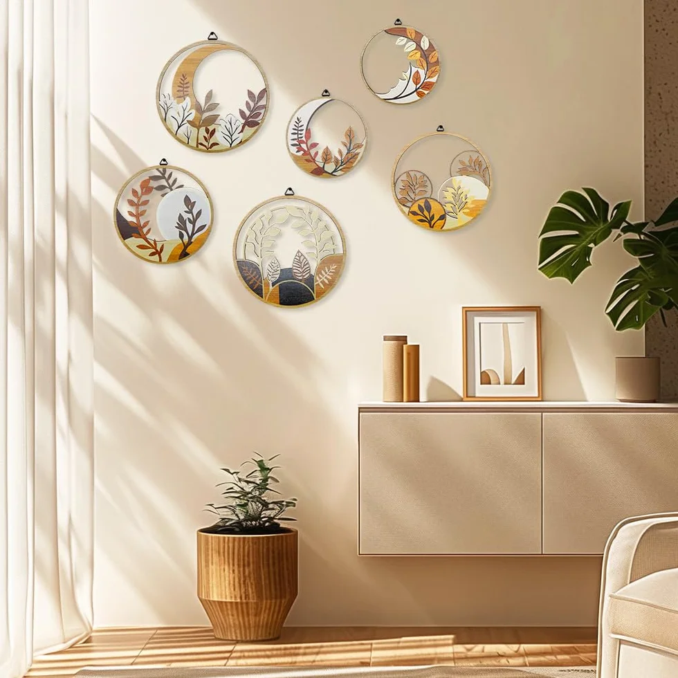 WATUNID 6 sztuk drewnianych dekoracji ściennych w stylu boho do salonu, okrągła, minimalistyczna dekoracja ścienna, nowoczesna dekoracja ścienna w stylu boho, do sypialni, rustykalna dekoracja do domu