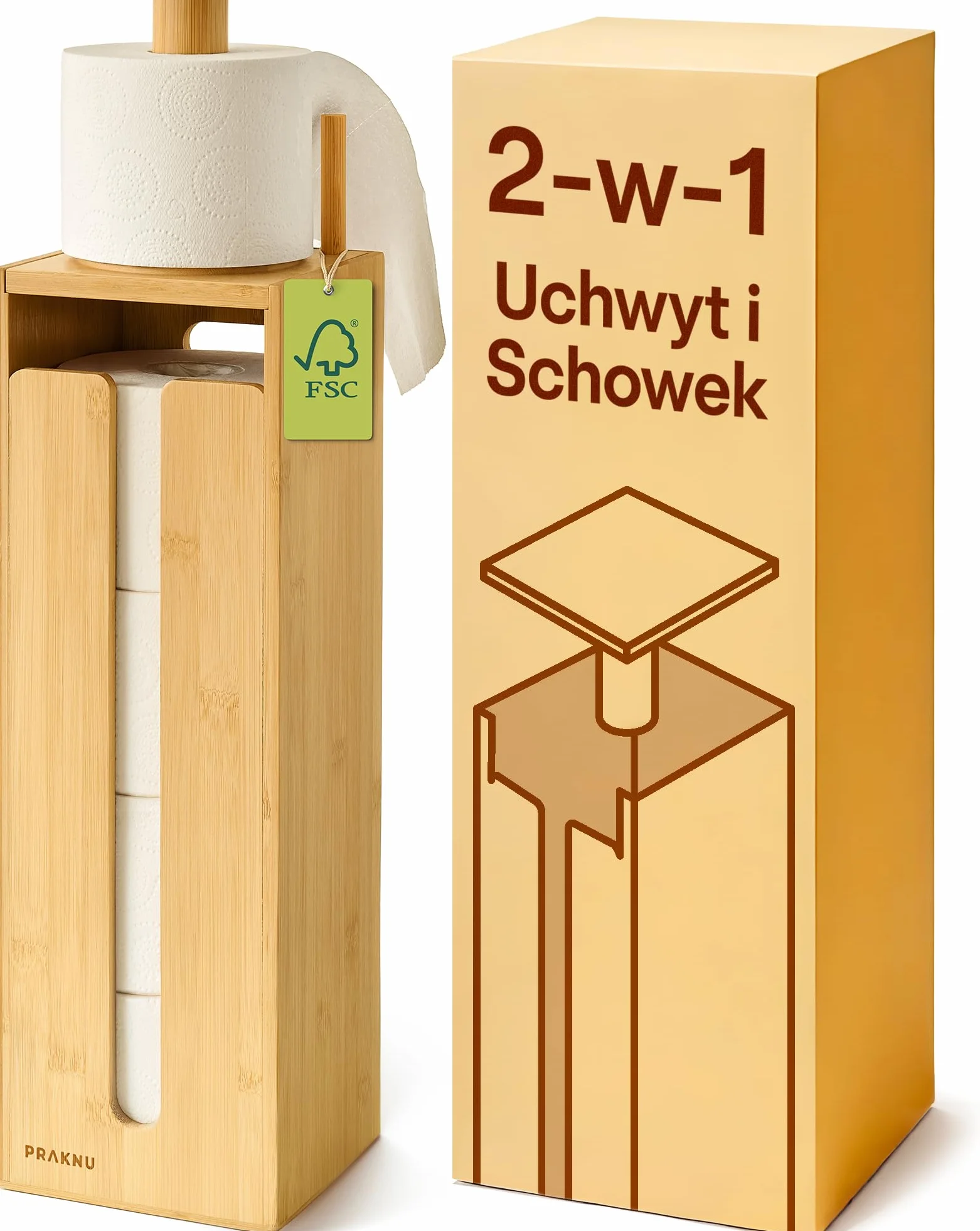Stojący Uchwyt na Papier Toaletowy Bambus FSC z Magnetyczną Pokrywą 4 Rolki Antypoślizgowy