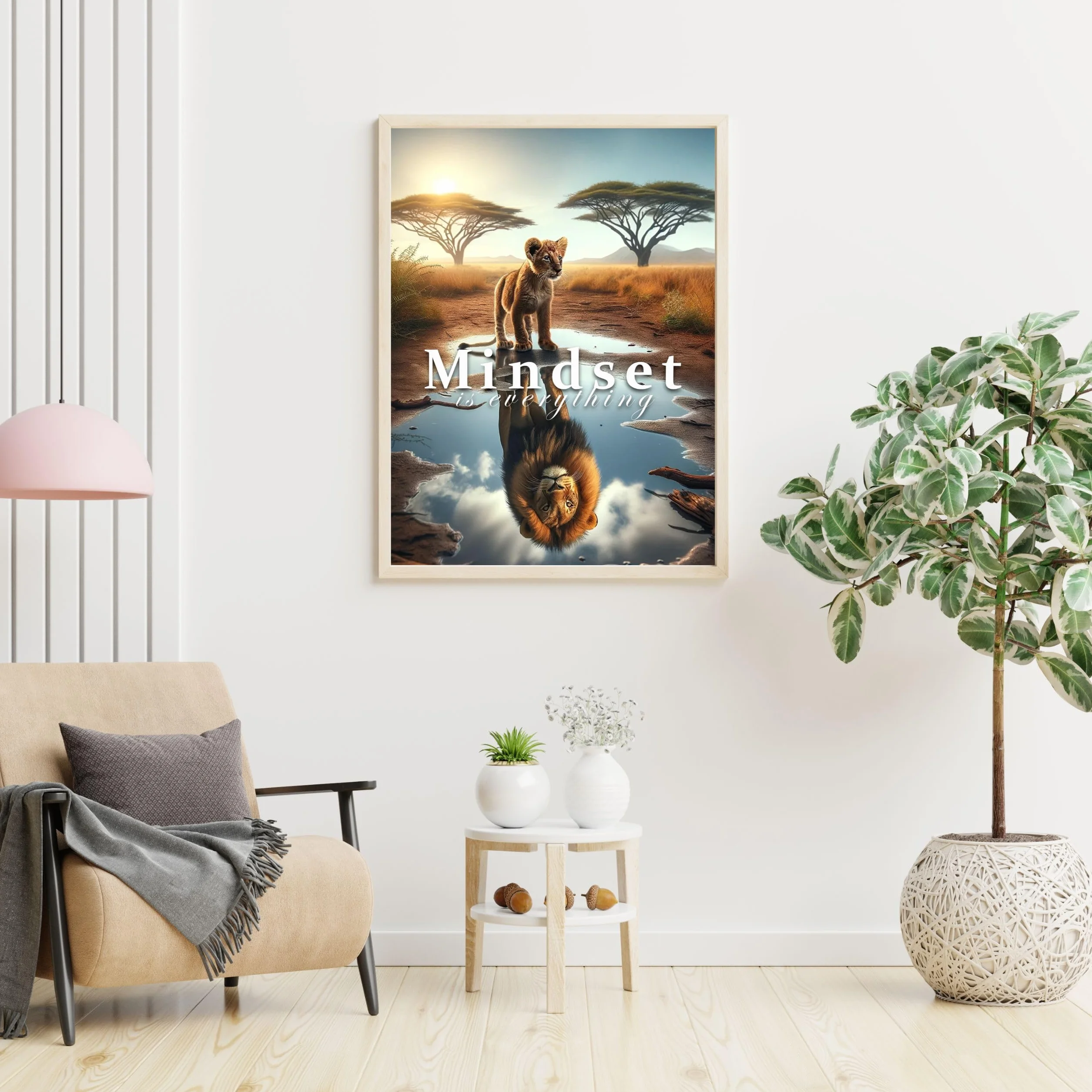 CLEAN SPORTS® Mindset is everything — plakat motywacyjny – lew dziecięcy widzi siebie jako dorosłego lew w lustrze – obraz motywacyjny do biura, sportu i Twojego sukcesu – bez ramki (DIN A1)