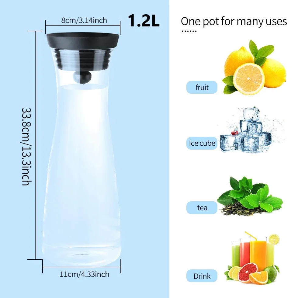Karafka ze szkła borokrzemowego 1200 ml, dzbanek z pokrywką ze stali nierdzewnej, pyłoszczelna pokrywka i wygodne nalewanie