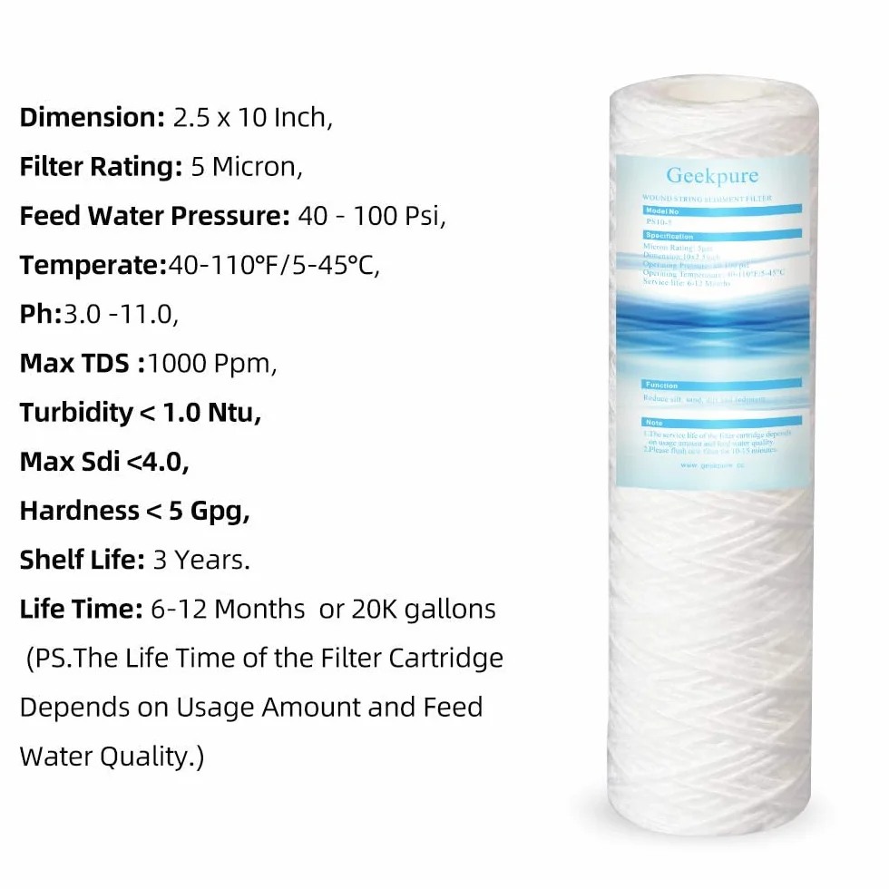 Geekpure 10-calowy wymienny filtr osadowy z plecionego sznurka PP do systemu odwróconej osmozy - 2,5" x 10" - 5 mikronów, opakowanie 4 szt