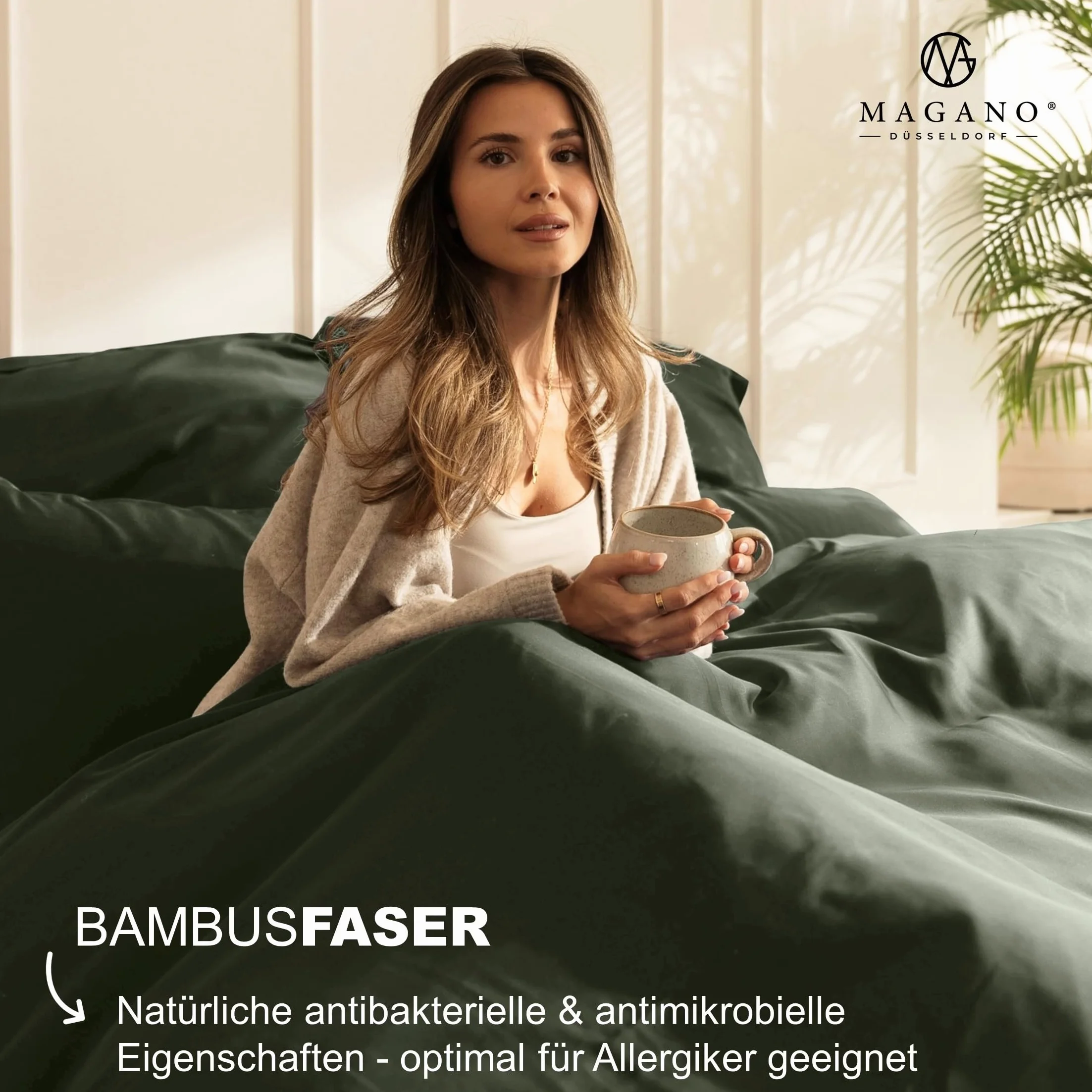 Magano® Luksusowa pościel 200 x 220 cm, kolor zielony, bambus i bawełniana satyna, jakość premium 400 TC, hipoalergiczna i regulująca klimat, poszewka na kołdrę 200 x 220 cm + 2 x poszewka na poduszkę