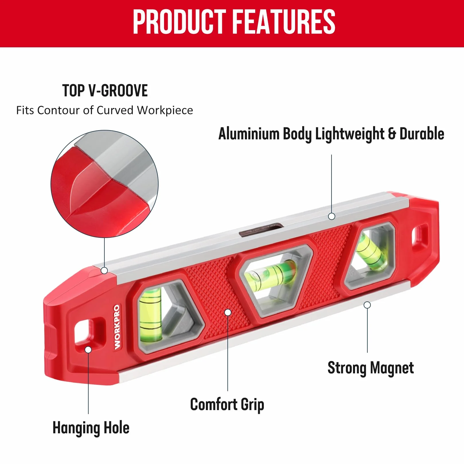 WORKPRO Poziomica magnetyczna 23 cm, mała, 3 libelle 45°/90°/180°, odporna na uderzenia, aluminiowa rama, mocny magnes, czytelna od góry, dla profesjonalistów budowlanych