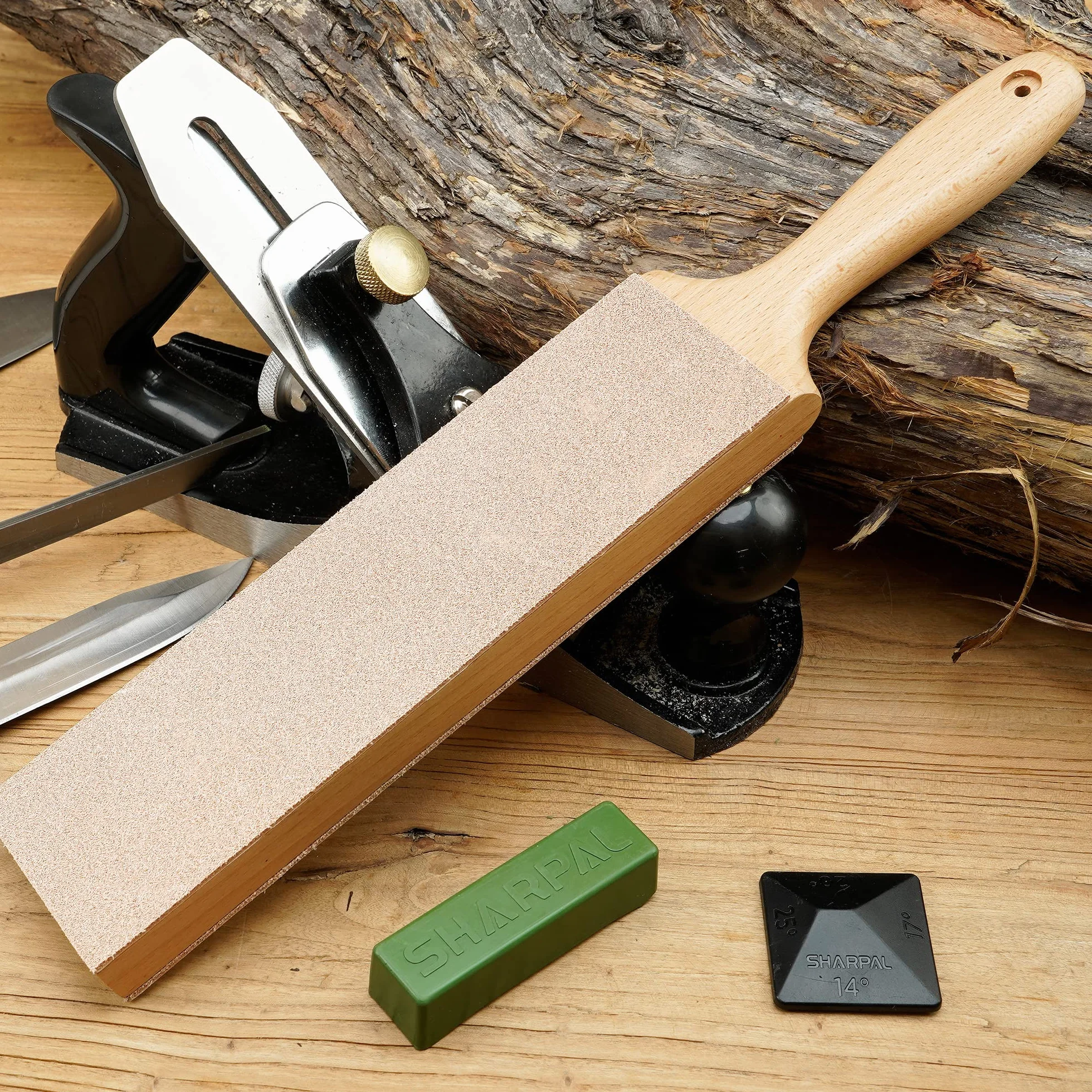 SHARPAL 205H dwustronny skórzany pasek szlifierski (330 x 60 mm), zestaw z pastą polerską 53 g i prowadnicą kątową, blok na noże do ostrzenia i ostrzenia noży