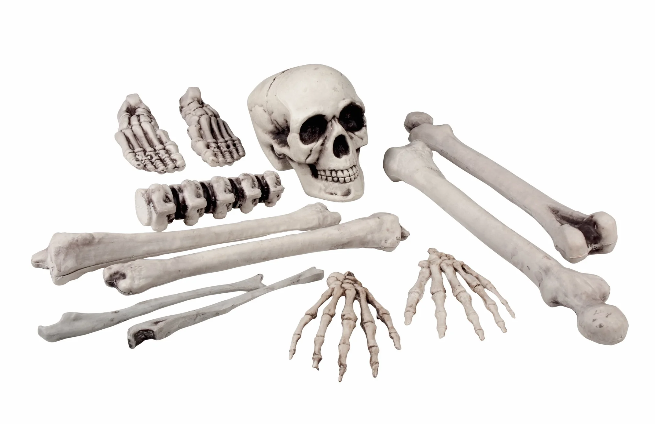 Boland 74391 - Zestaw szkieletów, 12-częściowy zestaw dekoracyjny, 1 czaszka i 11 kości z tworzywa sztucznego, dekoracja na Halloween, dekoracja na imprezę, dekoracja stołu