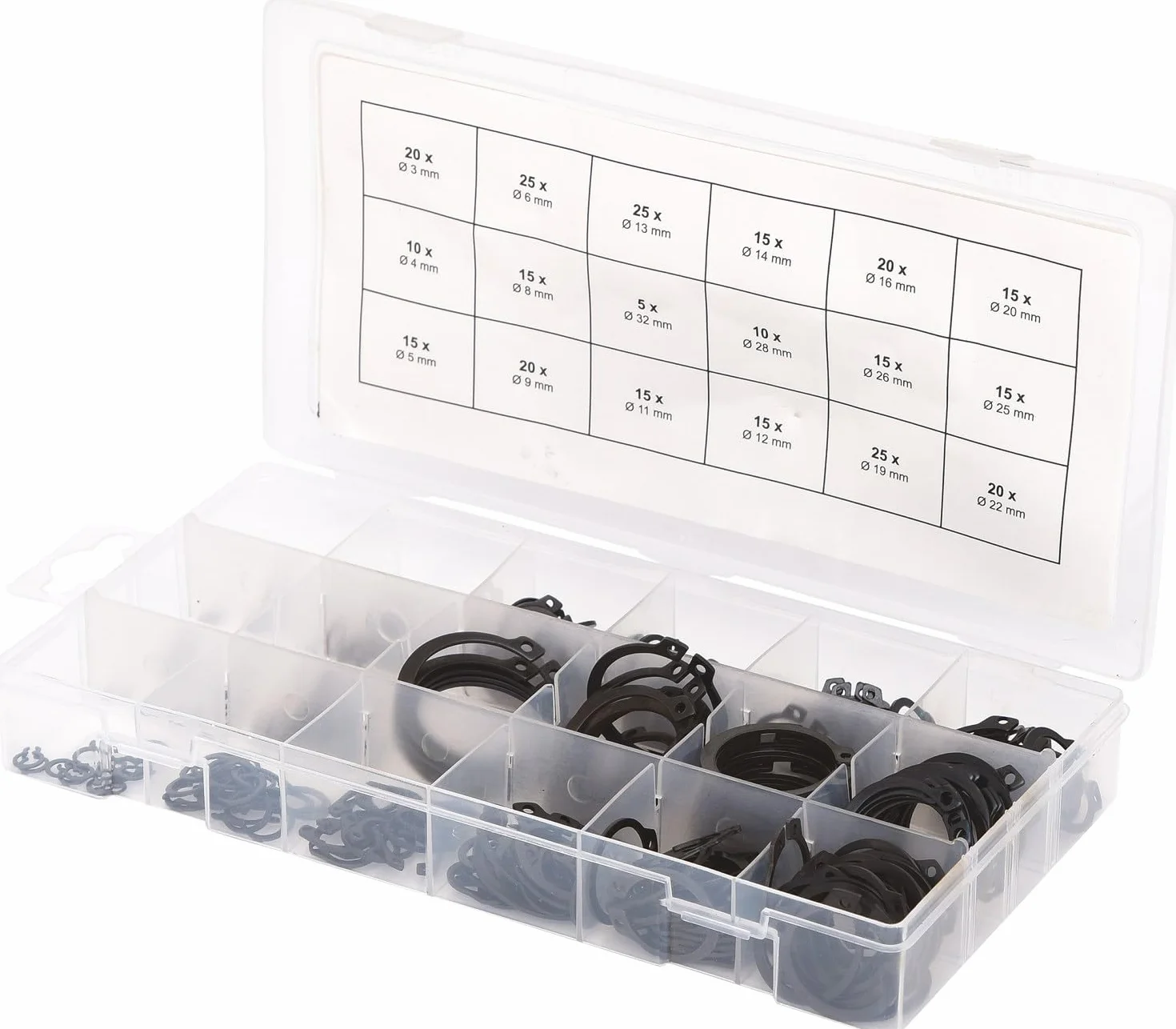 KS Tools 970.0100 Asortyment pierścieni zabezpieczających zewnętrznych, Ø 3-32mm, 300-szt